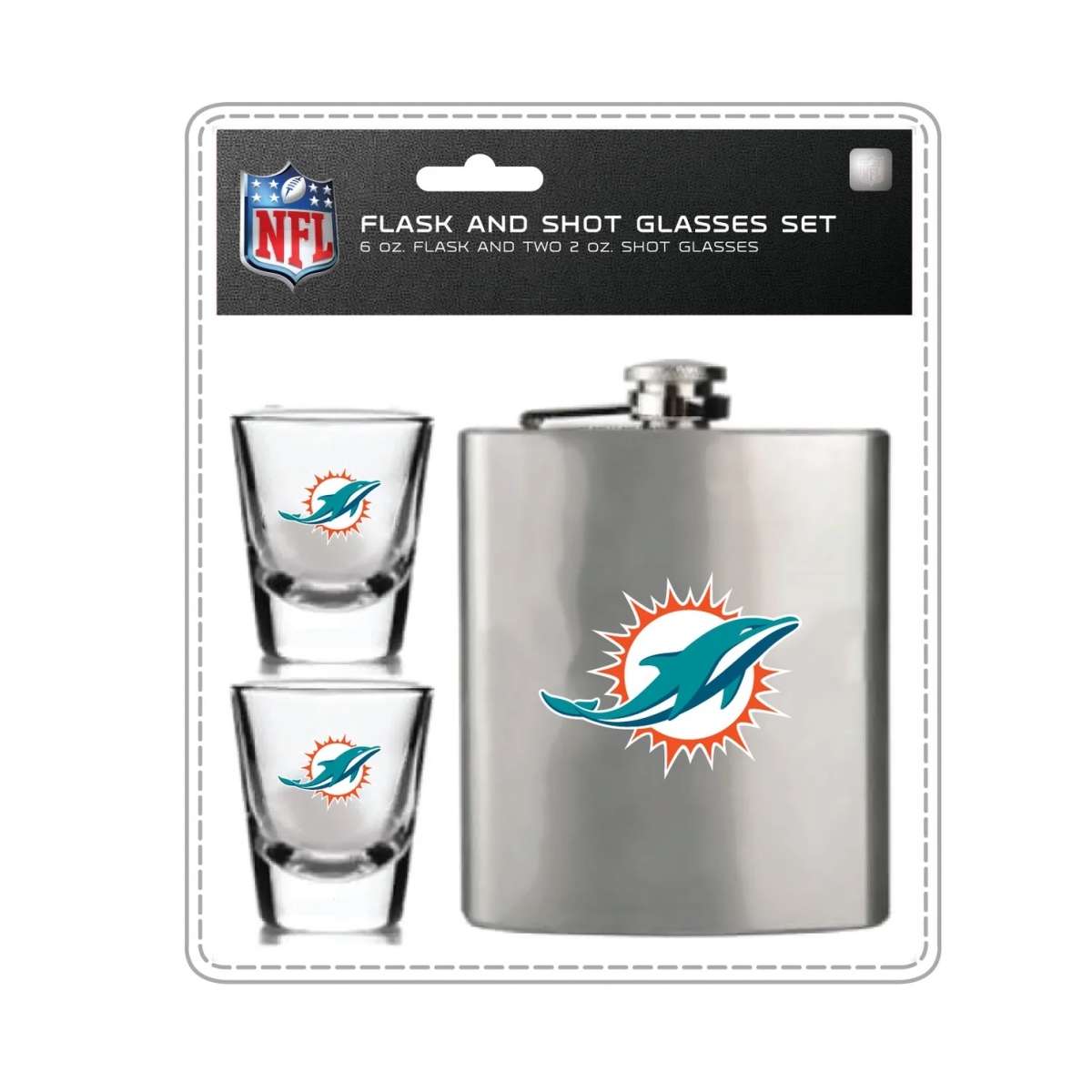 Mojo Licensing 9468800063 Miami Dolphins Flask & Shot Glass Set