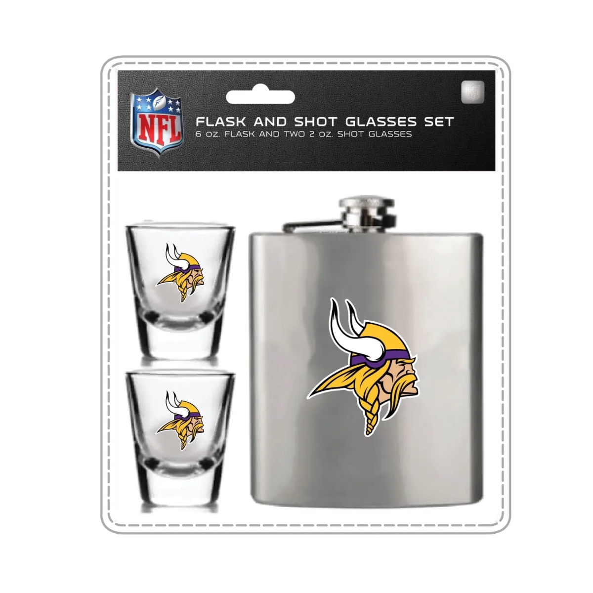 Mojo Licensing 9468800064 Minnesota Vikings Flask & Shot Glass Set