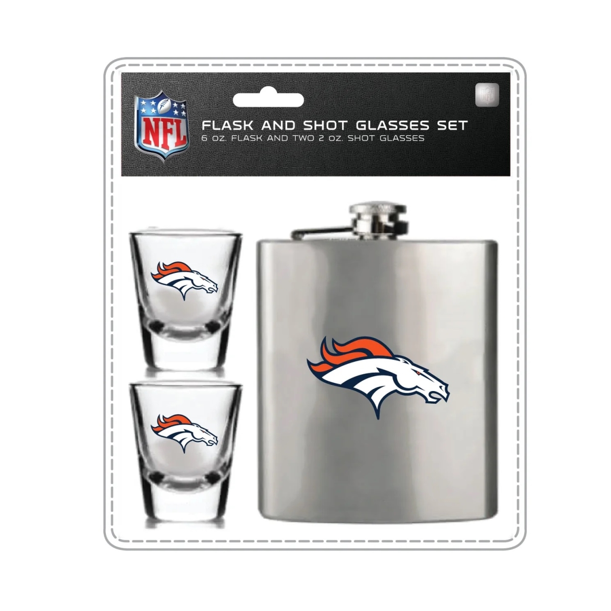 Mojo Licensing 9468800054 Denver Broncos Flask & Shot Glass Set