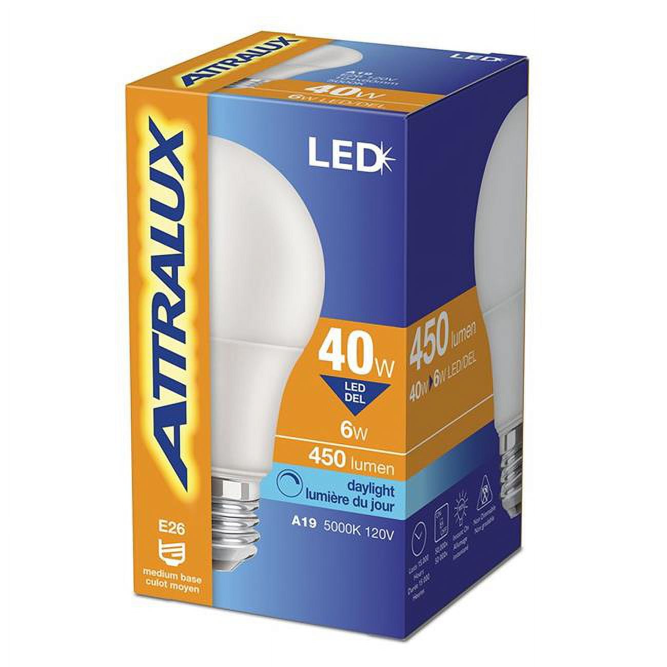 Picture of Attralux 10600220 40W & 450 Lumen 5000K A19 Non-Dimmable LED Blub&#44; Daylight - Pack of 6