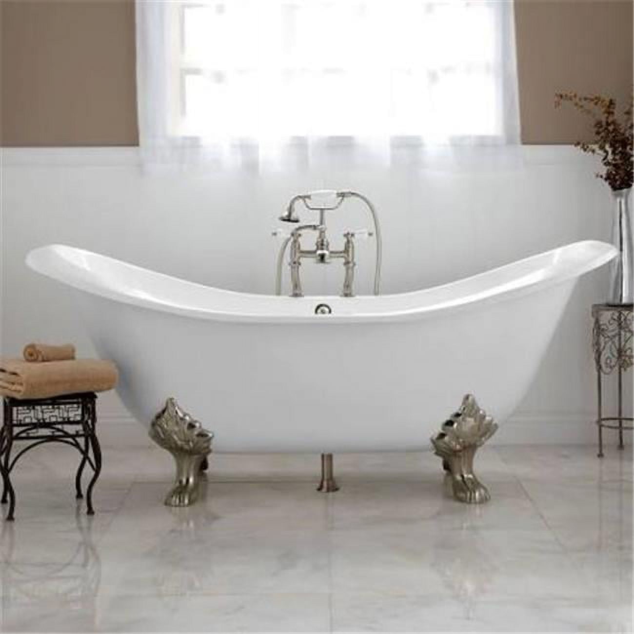 71 x 30 in. Cast Iron Double Ended Slipper Tub with 7 in. Deck Mount Faucet Drillings & Brushed Nickel Feet Feet