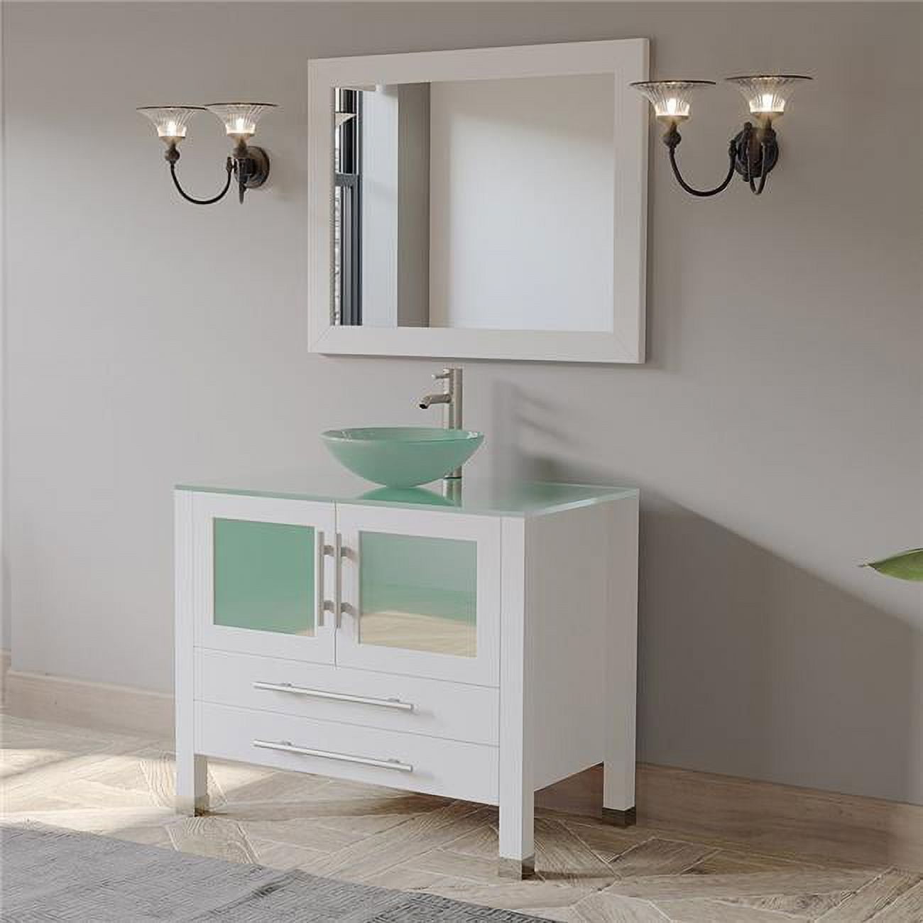 Picture of Cambridge Plumbing 8111BW-BN 36 in. White Solid Wood & Glass Single Vessel Sink Vanity Set with Brushed Nickel Faucet & Drain