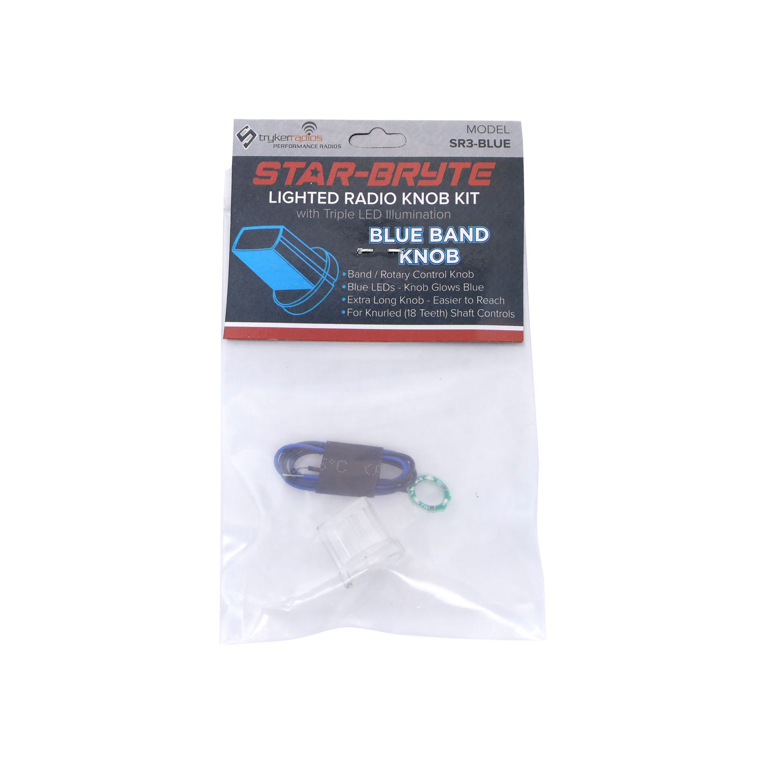 SRNK3-BL Star-Bryte Blue Lighted Band & Rotary Radio Control Knob Kit with Triple LED Illumination for Knurled 18 Teeth Shaft Controls