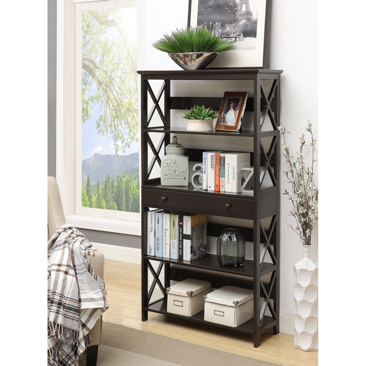 Picture of Convenience Concepts 203051BL Oxford 5 Tier Bookcase with Drawer&#44; Black