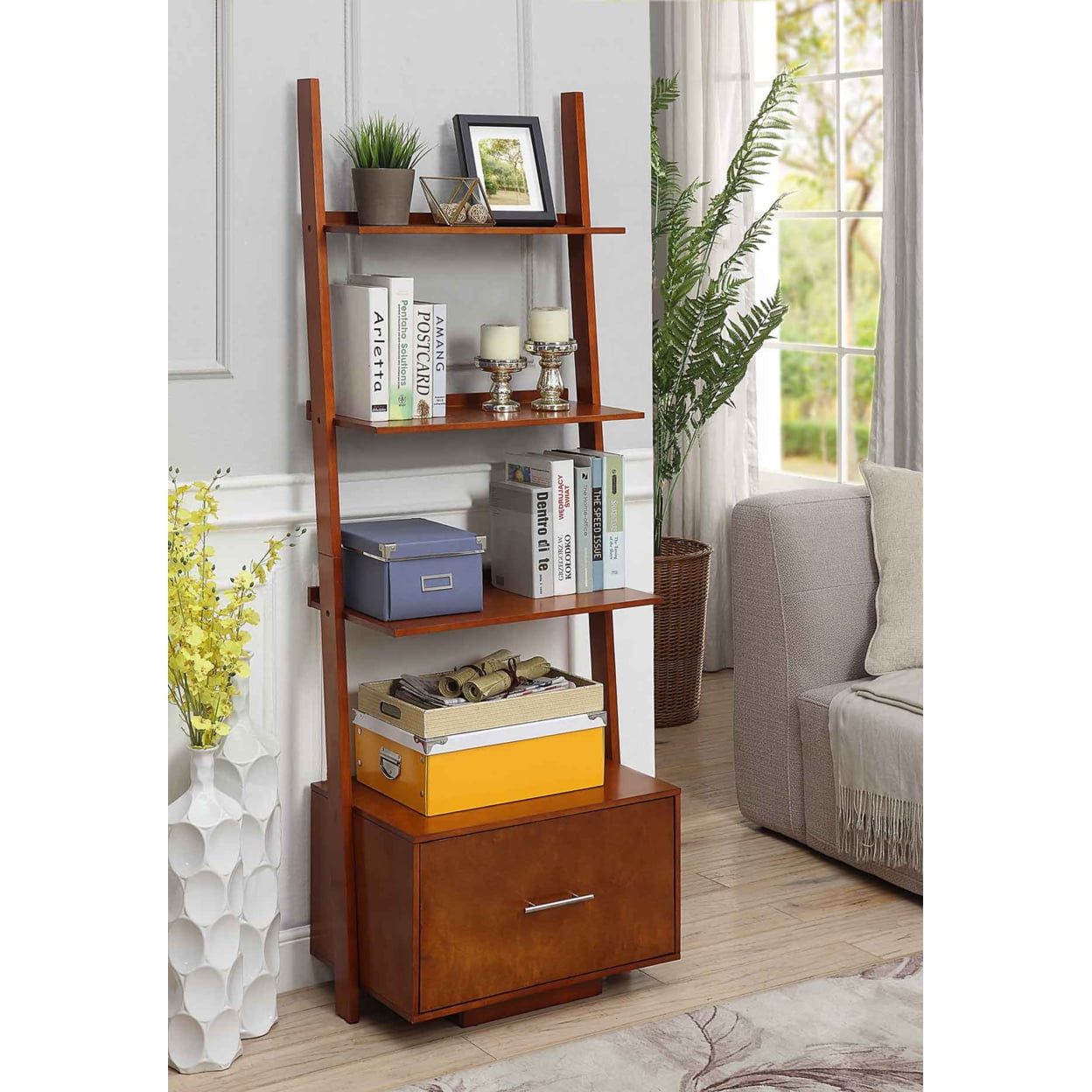 Picture of Convenience Concepts 8043491CH American Heritage Ladder Bookcase with File Drawer, Cherry - 69 x 15.75 x 24.75 in.