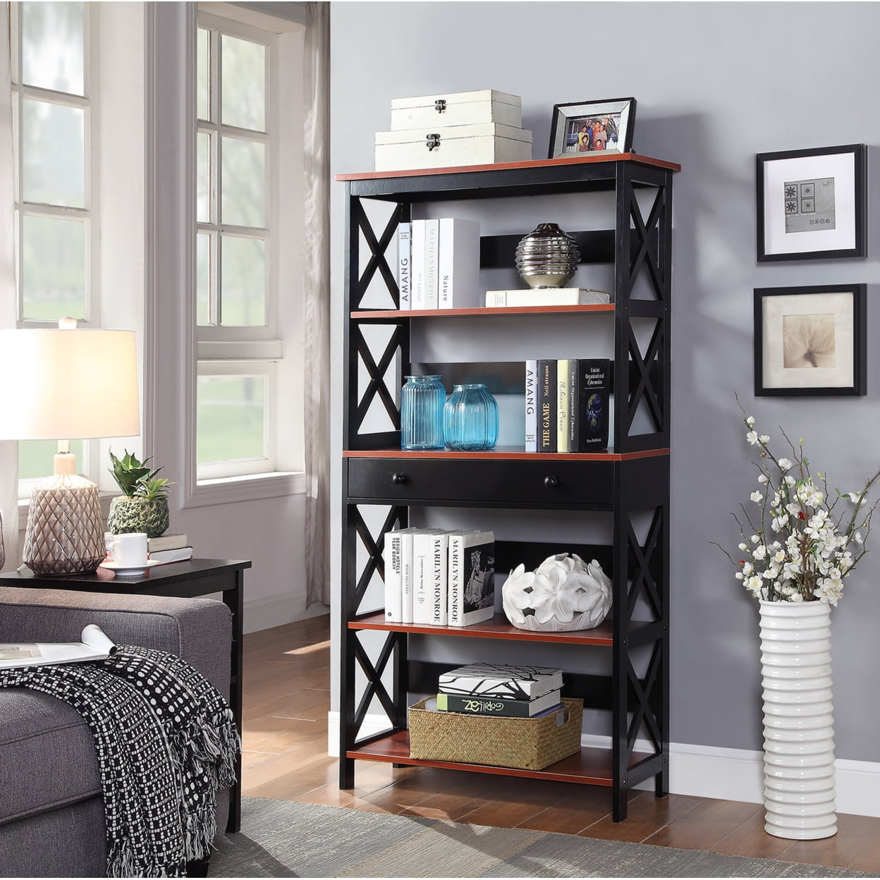 Picture of Convenience Concepts 203051CH Oxford Bookcase with Drawer&#44; Cherry Black - 5 Tier