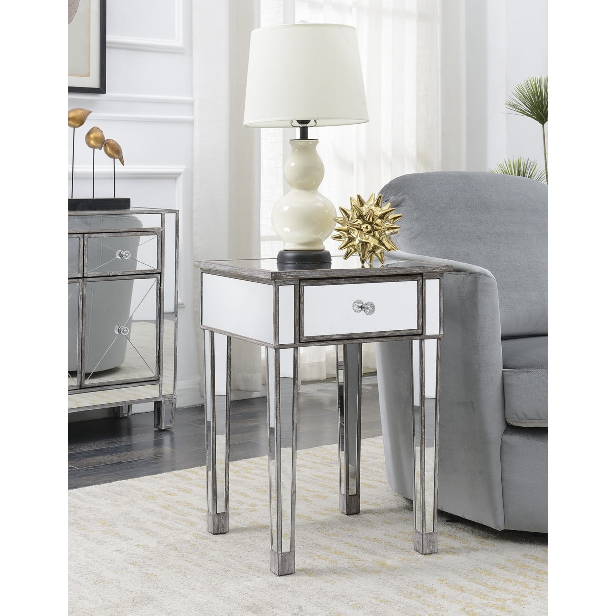Picture of Convenience Concepts 413345WGY Gold Coast Mirrored End Table with Drawer - Weathered Gray