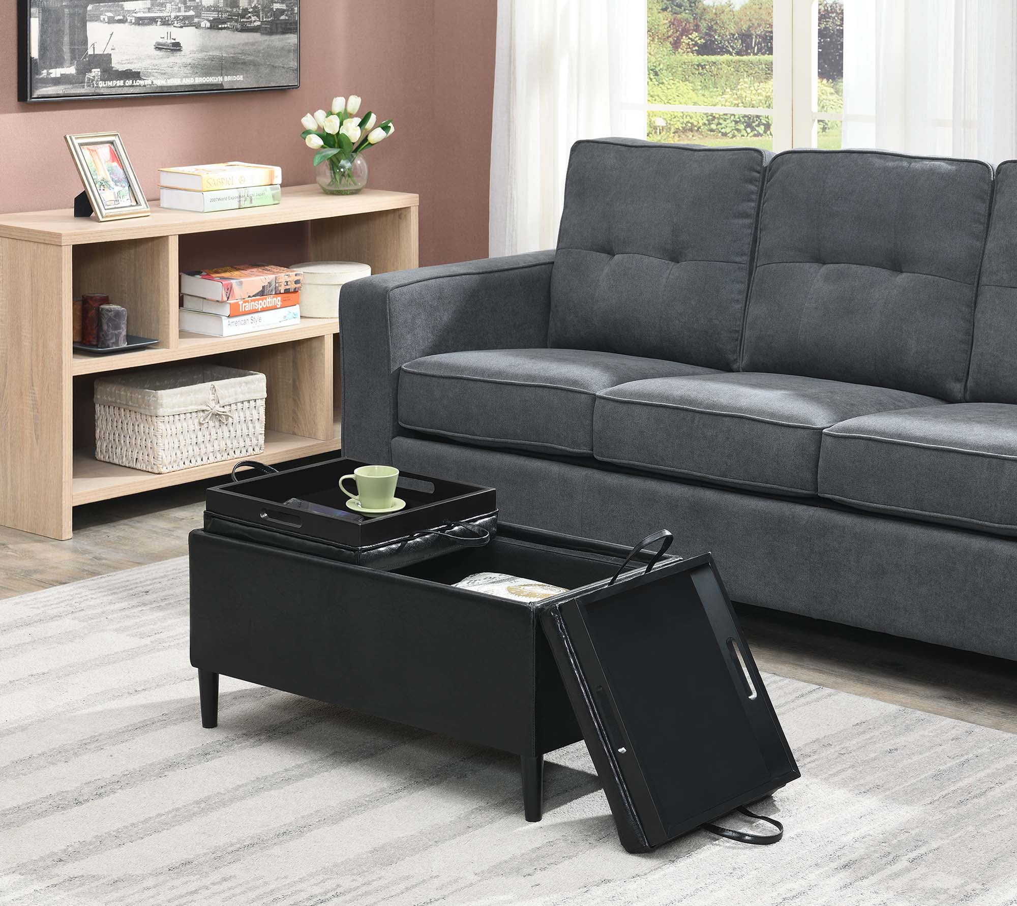 Convenience Concepts Designs4Comfort Magnolia Storage Ottoman with Trays, Black Faux Leather