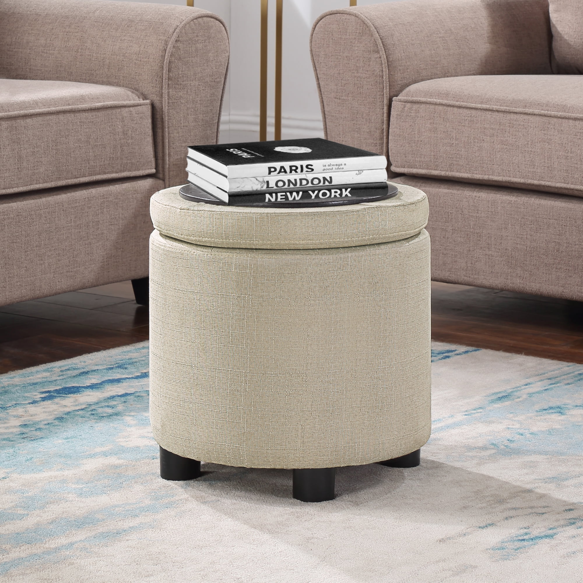 Convenience Concepts Designs4Comfort Round Accent Storage Ottoman, Tan Faux Linen