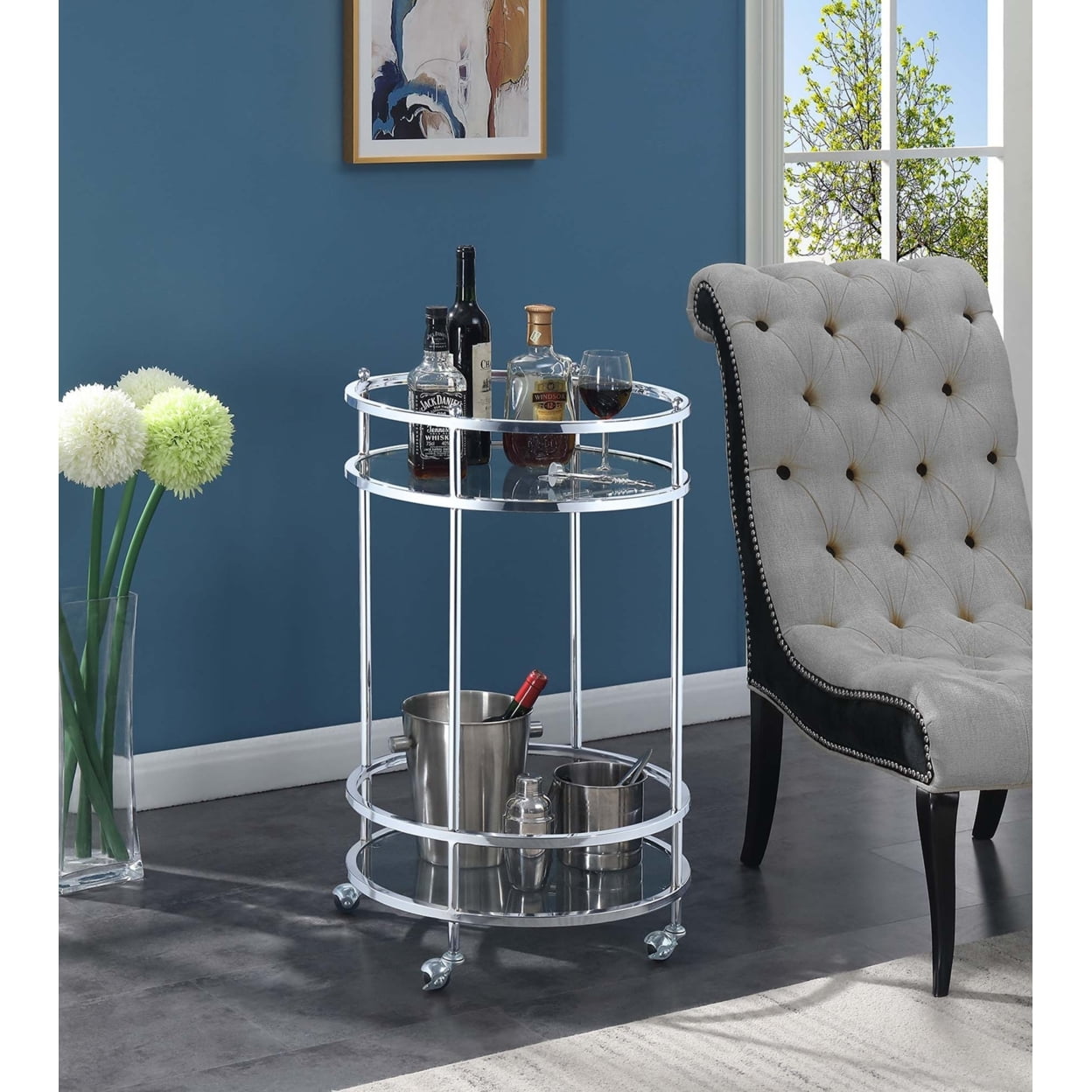 Picture of Convenience Concepts 134058GLCRO Royal Crest 2 Tier Round Glass Bar Cart - Glass/Chrome