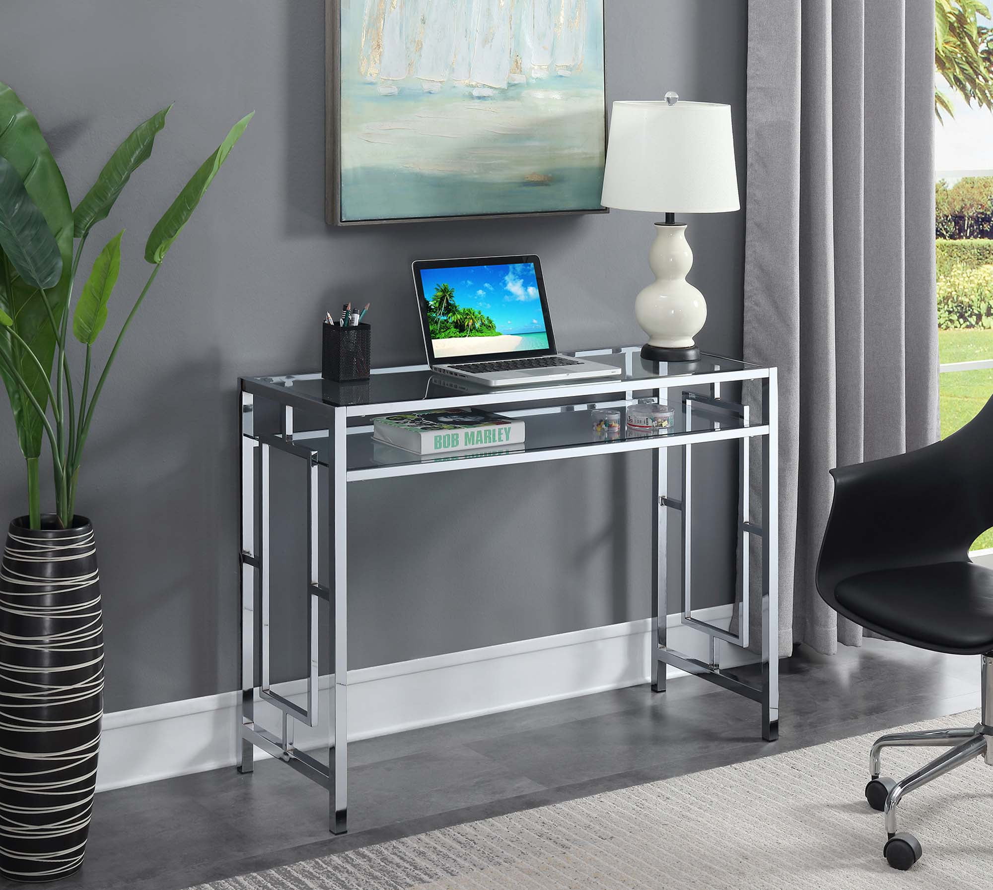 Picture of Convenience Concepts 135075GLCRO Town Square Chrome Desk with Shelf&#44; Clear Glass