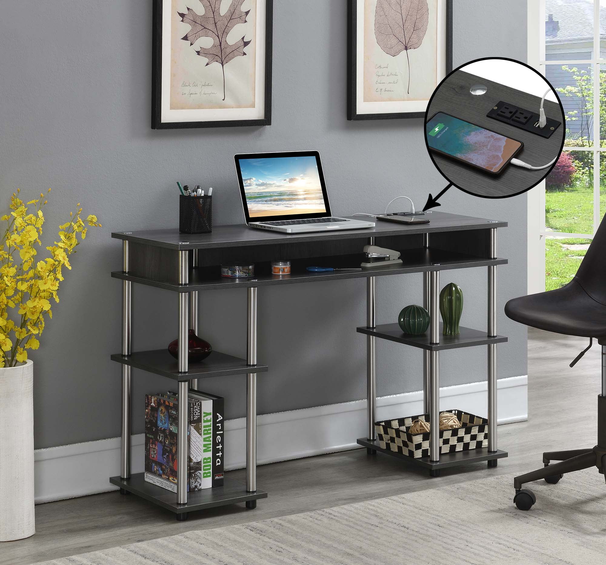 Picture of Convenience Concepts 131446CGYU Designs2Go No Tools Student Desk with Charging Station&#44; Charcoal Gray