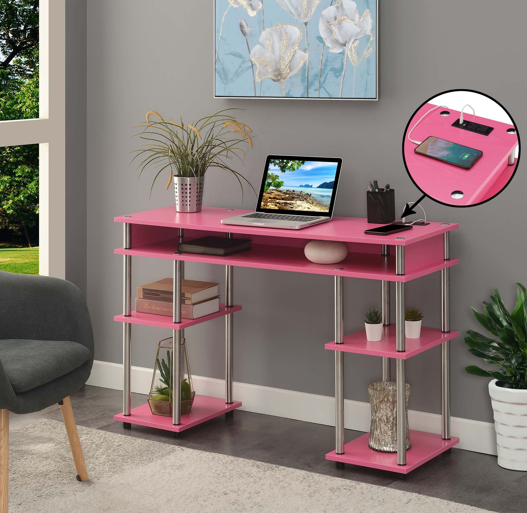 Picture of Convenience Concepts 131446PKU Designs2Go No Tools Student Desk with Charging Station&#44; Pink