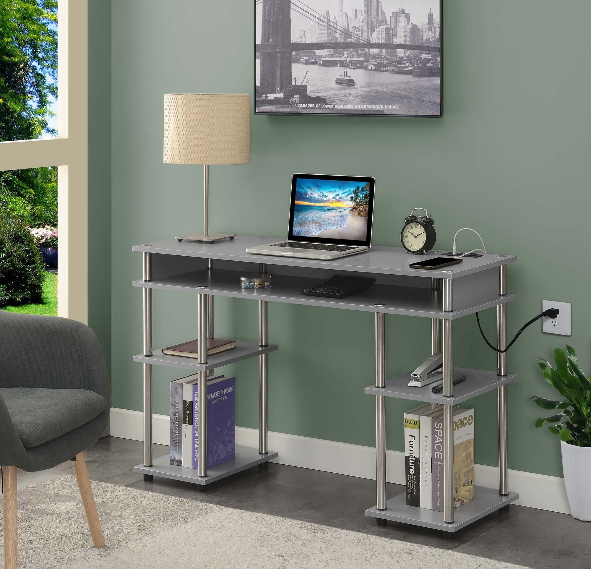 Picture of Convenience Concepts 131446GYU Designs2Go No Tools Student Desk with Charging Station&#44; Gray