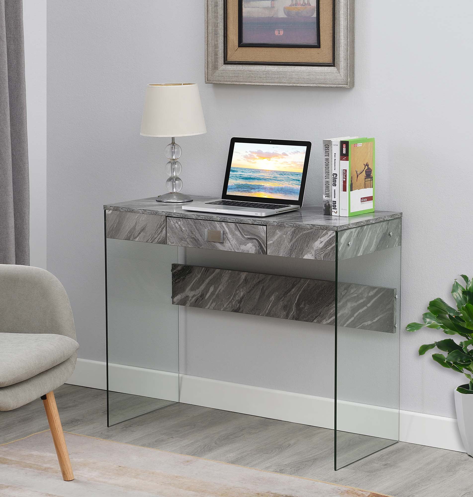 Picture of Convenience Concepts 131526GYM 36 in. SoHo Glass Desk&#44; Gray Marble