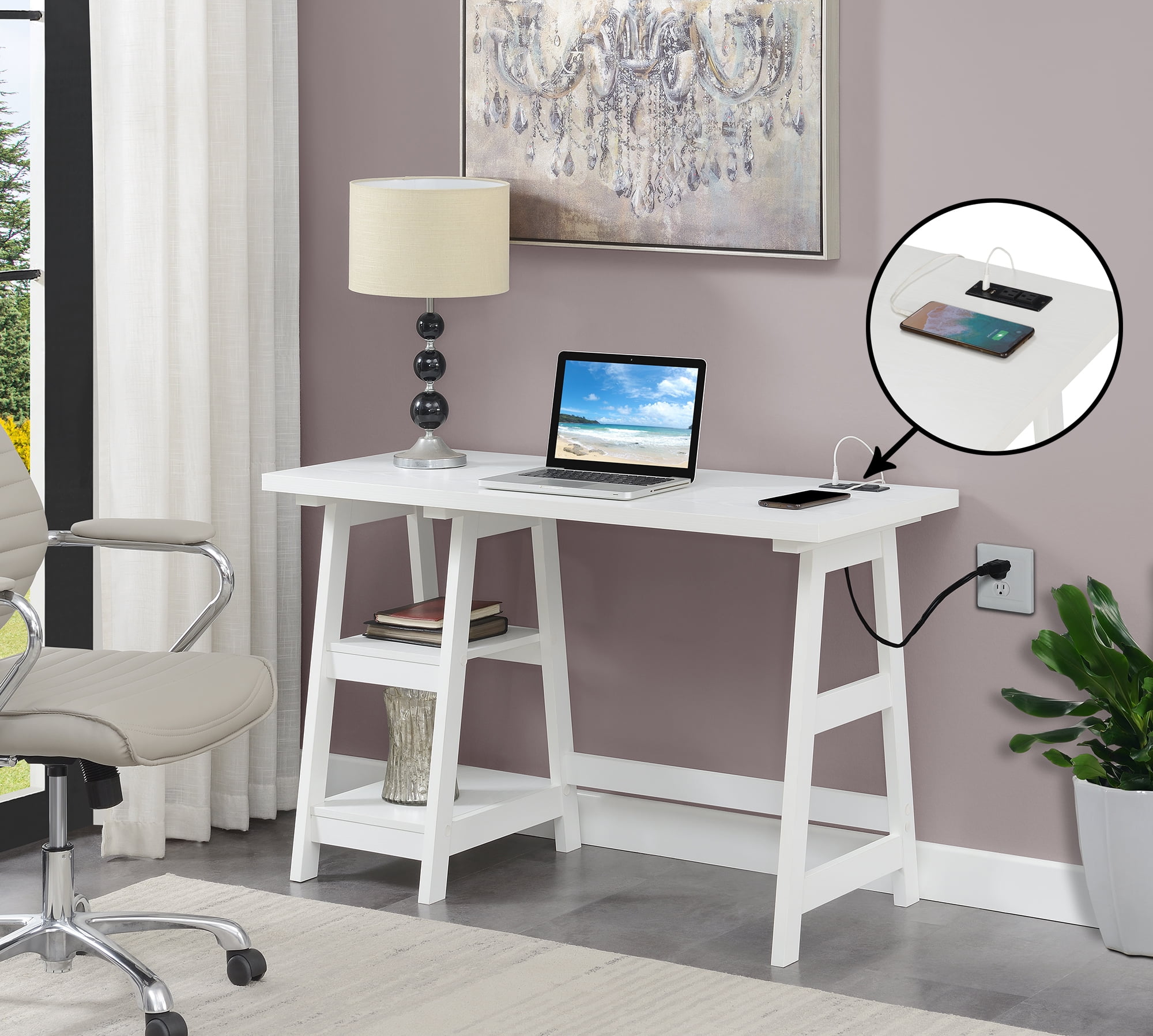 Picture of Convenience Concepts 090117WEL 47 x 20.25 x 29.25 in. Designs2Go Trestle Desk with Charging Station