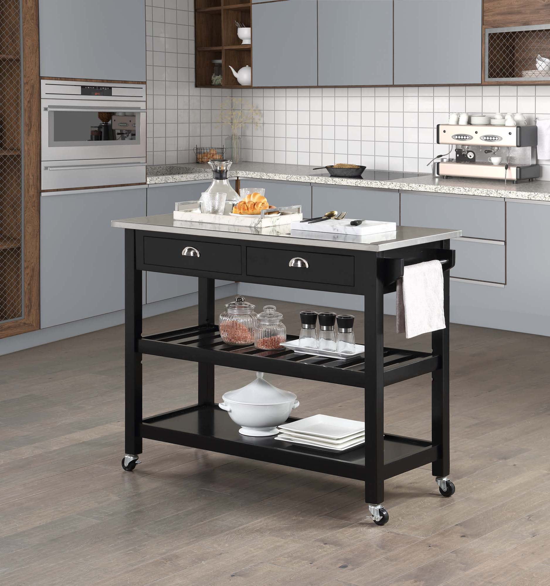 Picture of Convenience Concepts 802240BL American Heritage 3 Tier Stainless Steel Kitchen Cart with Drawers - Stainless Steel/Black
