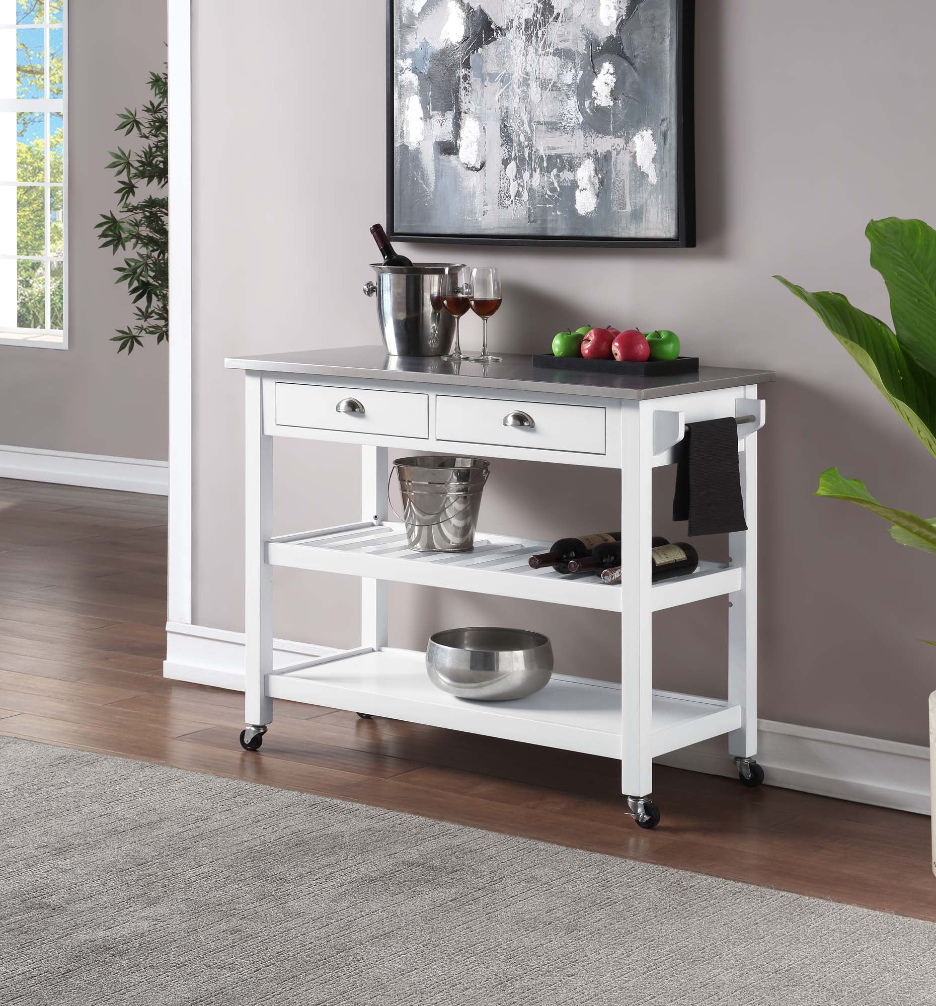 Picture of Convenience Concepts 802240W American Heritage 3 Tier Stainless Steel Kitchen Cart with Drawers - Stainless Steel/White