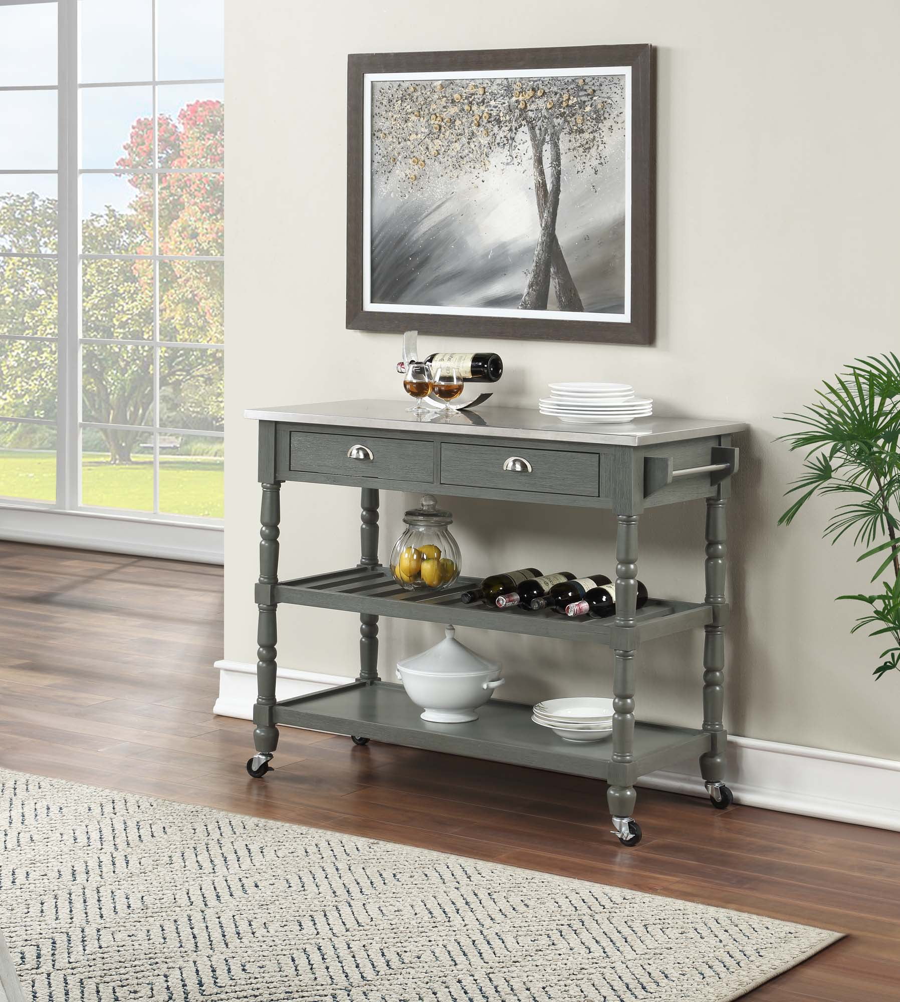 Picture of Convenience Concepts 802235WBDGY French Country 3 Tier Stainless Steel Kitchen Cart with Drawers - Stainless Steel/Wirebrush Dark