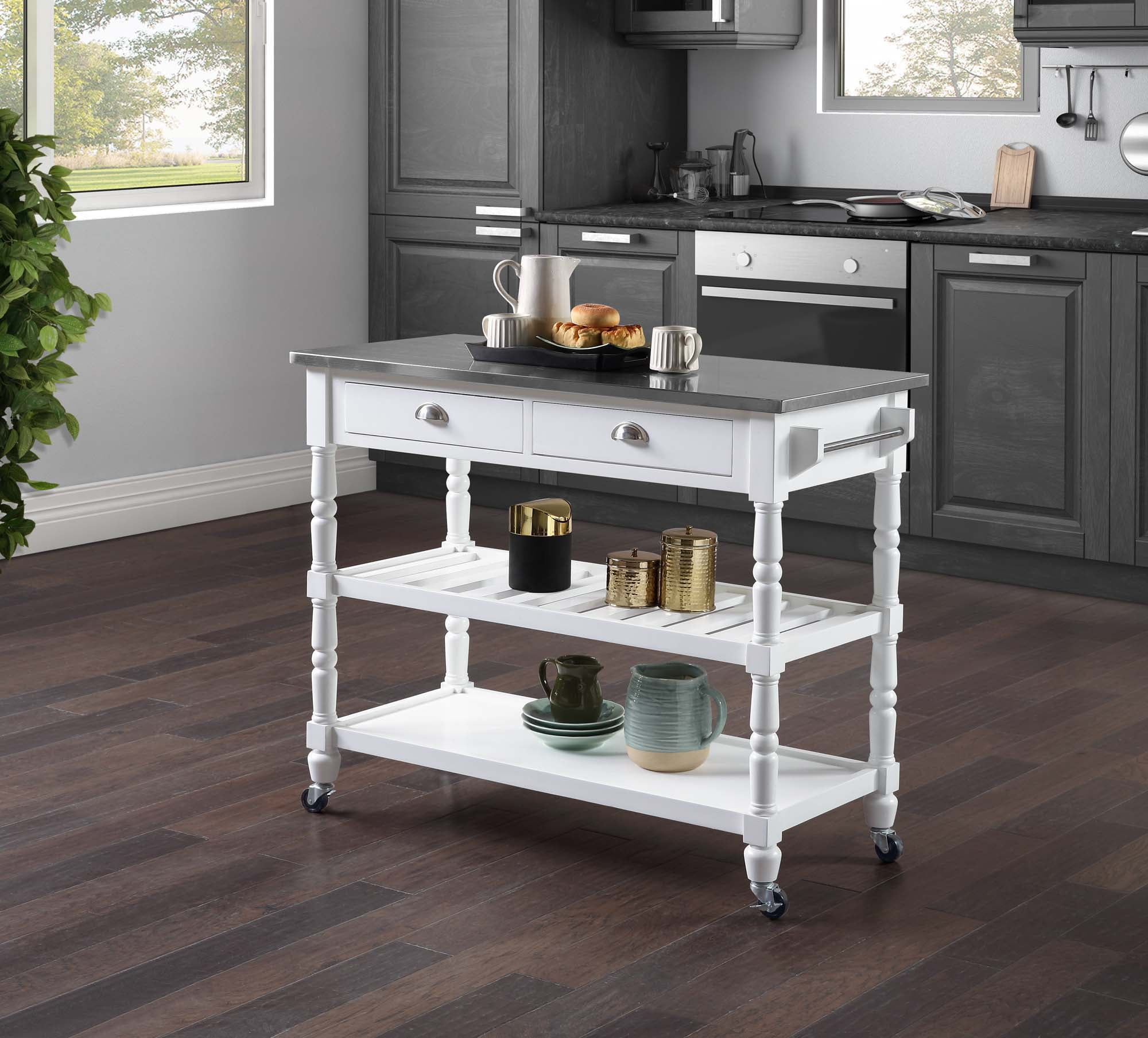 Picture of Convenience Concepts 802235W French Country 3 Tier Stainless Steel Kitchen Cart with Drawers - Stainless Steel/White