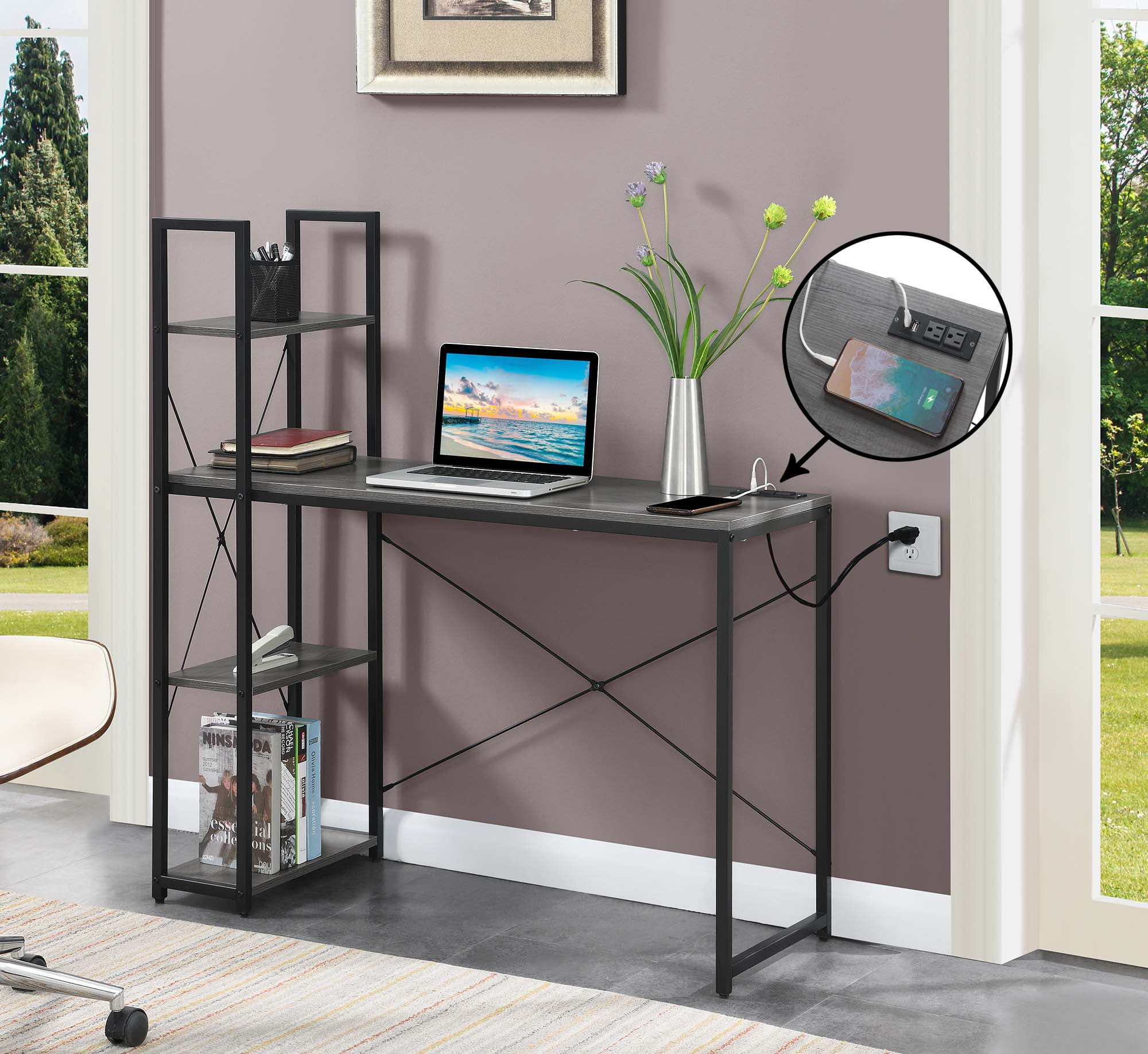Picture of Convenience Concepts 131523CGYBLEL 44 x 17.5 x 46.75 in. Designs2Go Office Workstation with Charging Station & Shelves&#44; Charcoal Gray