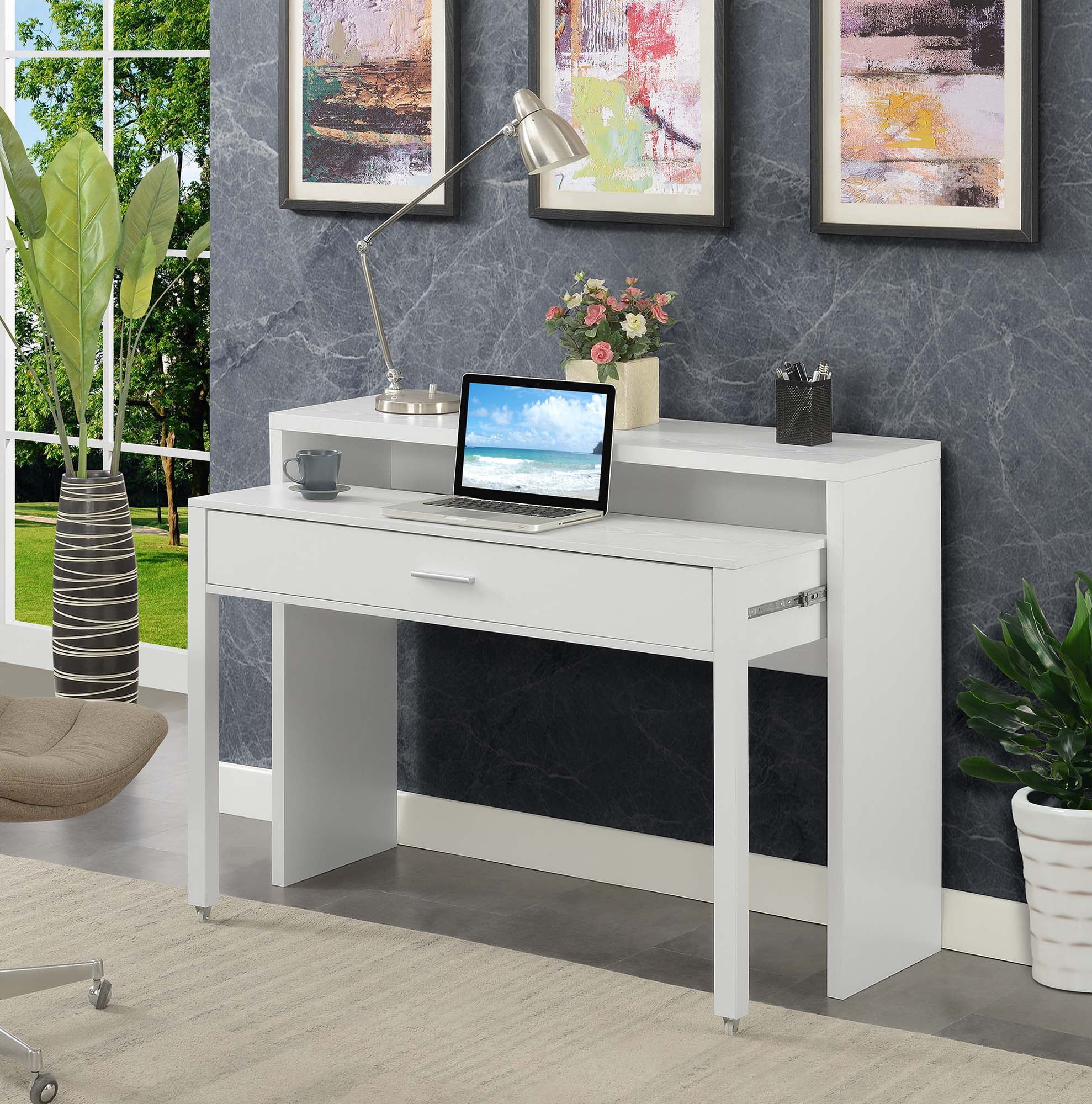 Picture of Convenience Concepts 090220W Newport JB Console & Sliding Desk with Drawer & Riser&#44; White