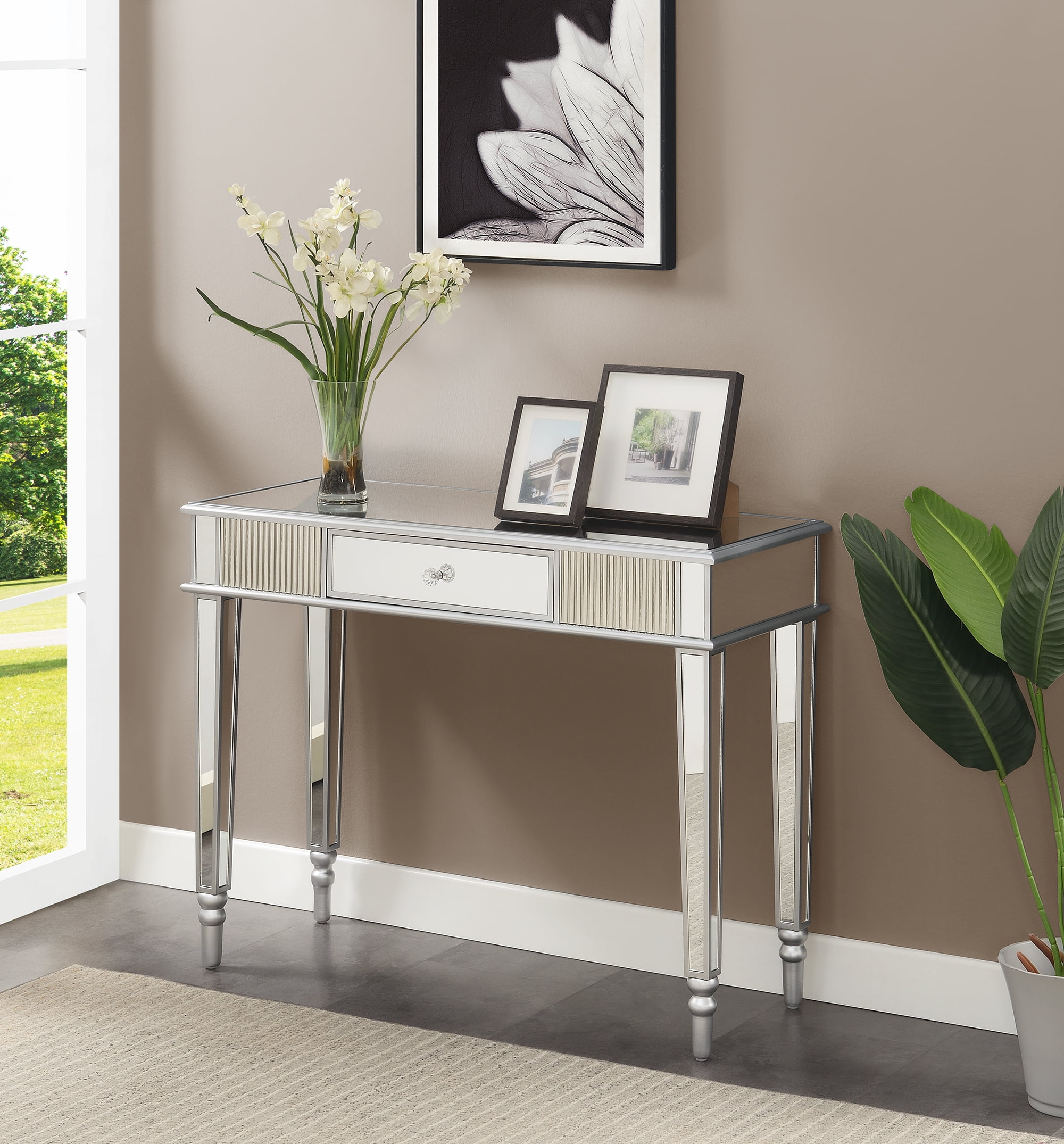 Picture of Convenience Concepts 413362SS French Country 1 Drawer Mirrored Desk & Console Table&#44; Stainless Steel