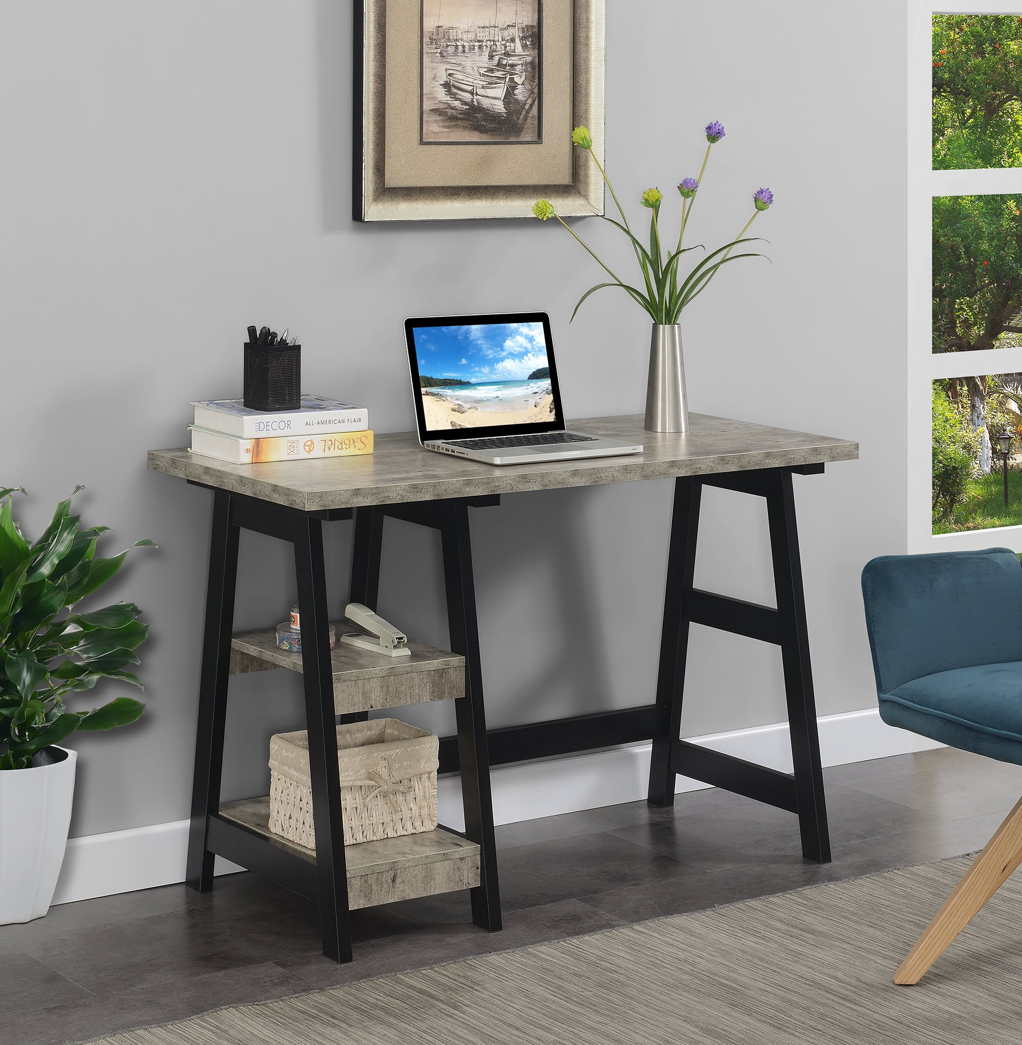 Picture of Convenience Concepts 090107C1BL Designs2Go Trestle Desk with Shelves&#44; Faux Birch & Black