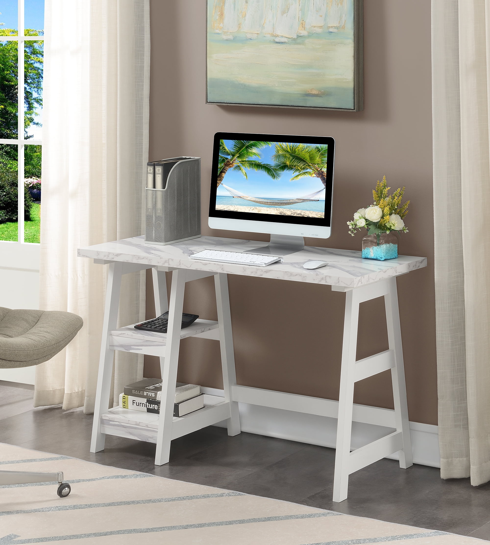 Picture of Convenience Concepts 090107WMWF Designs2Go Trestle Desk with Shelves&#44; White