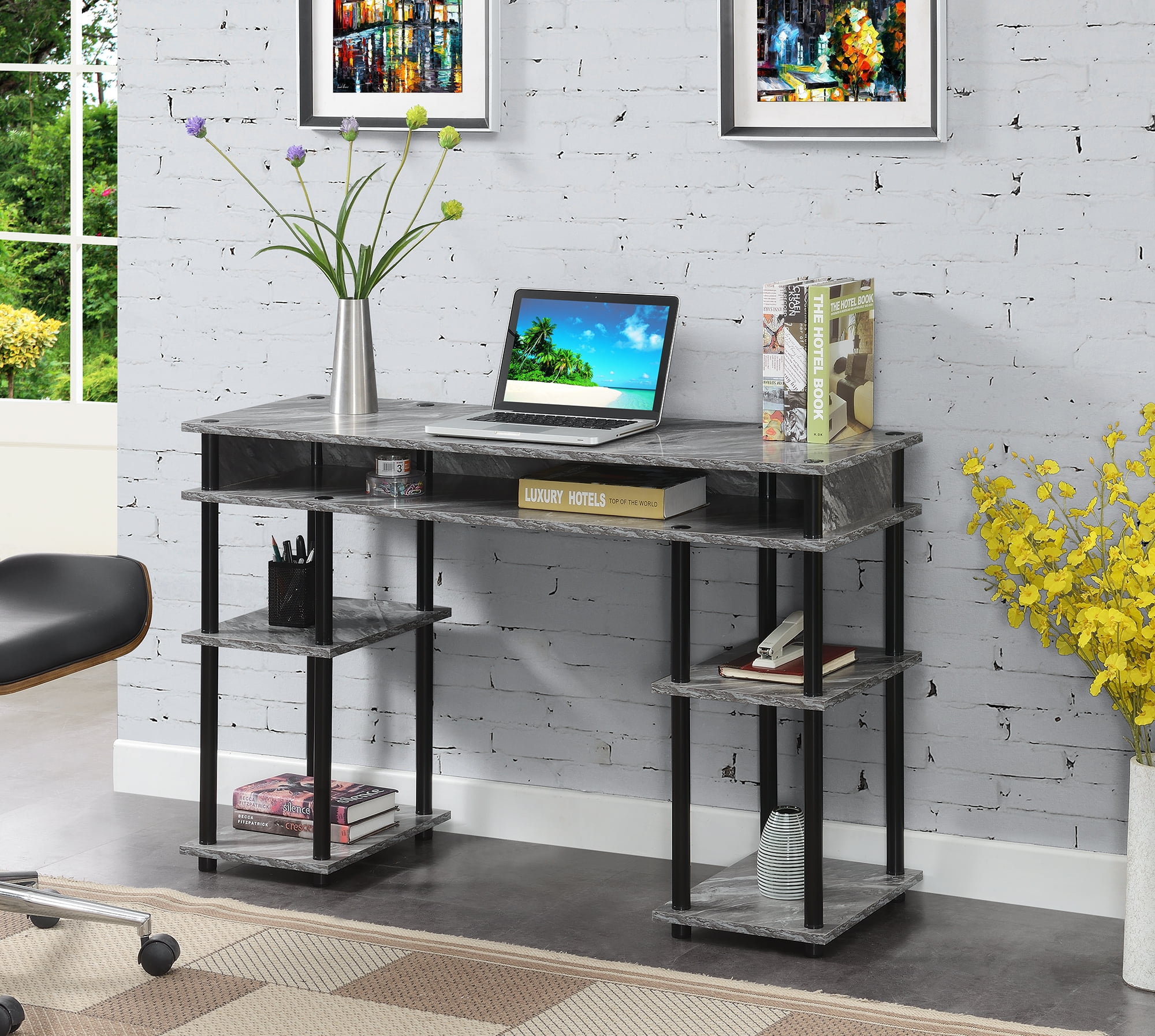 Picture of Convenience Concepts 131436GYMBL Designs2Go No Tools Student Desk with Shelves&#44; Gray Marble Black