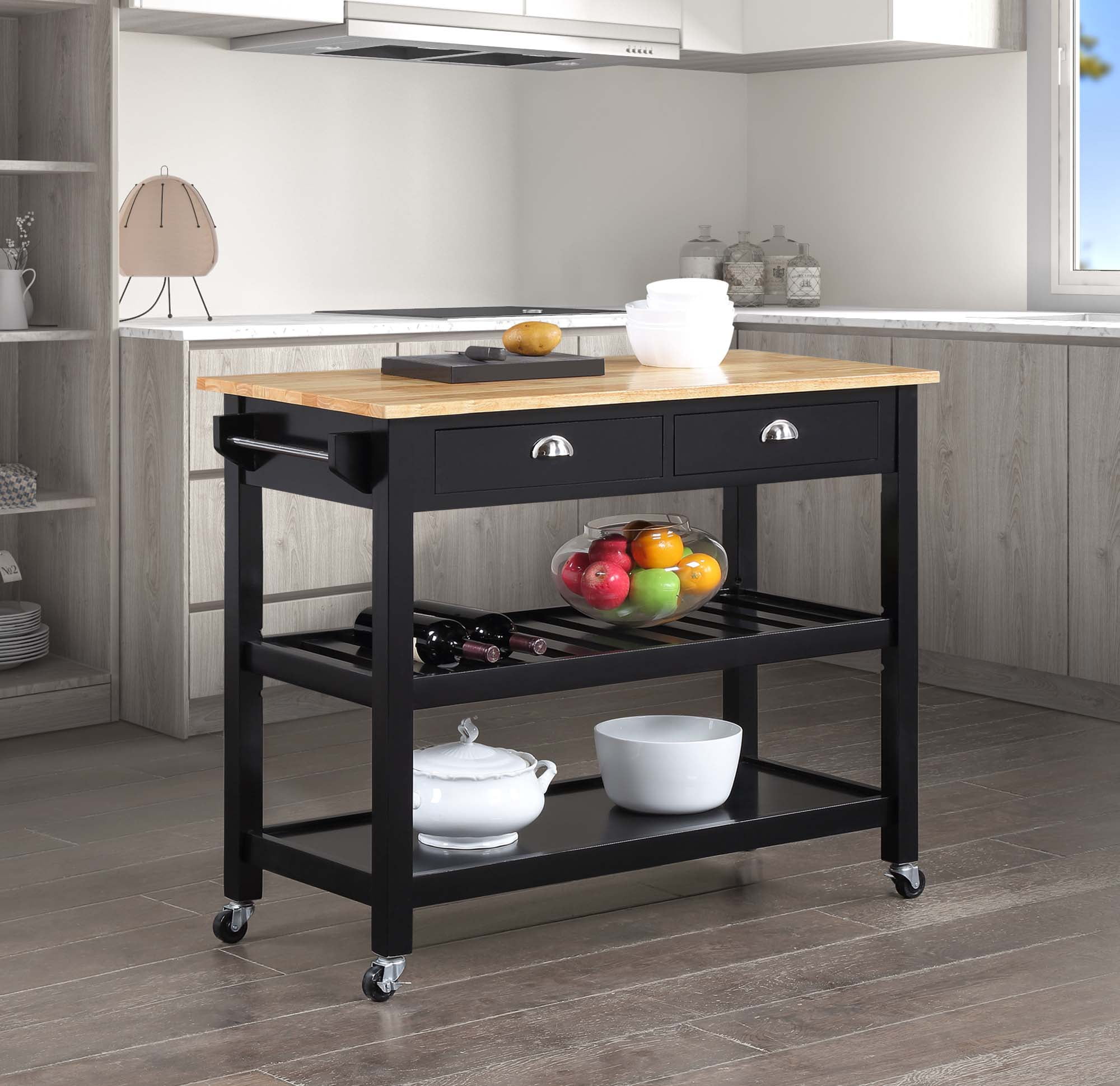Picture of Convenience Concepts 802215BBBL American Heritage 3 Tier Butcher Block Kitchen Cart with Drawers - Butcher Block/Black
