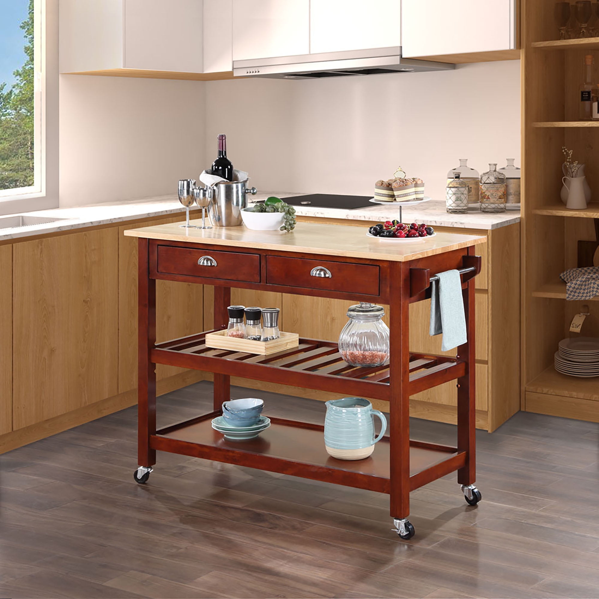 Picture of Convenience Concepts 802215BBMG American Heritage 3 Tier Butcher Block Kitchen Cart with Drawers - Butcher Block/Mahogany