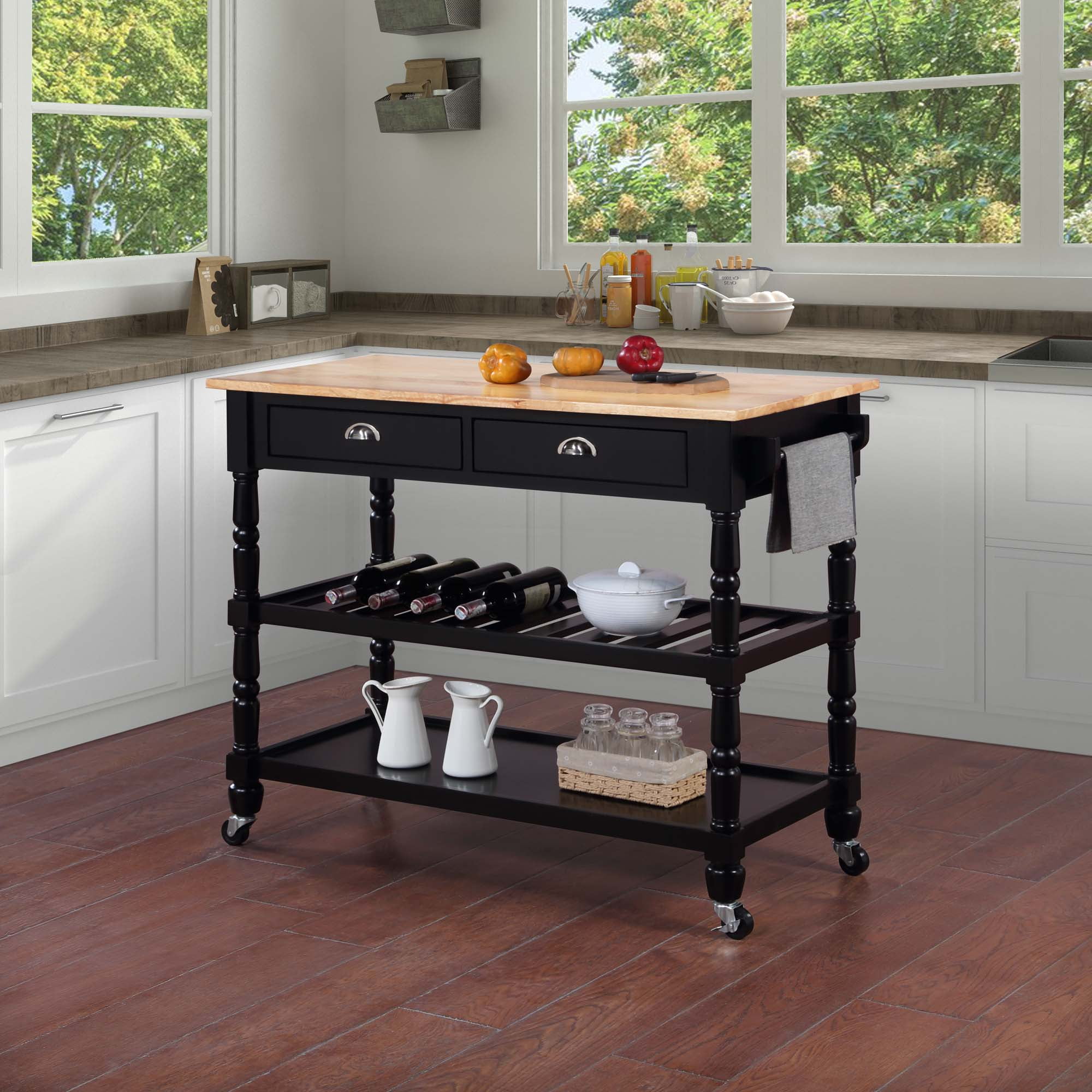 Picture of Convenience Concepts 802236BBBL French Country 3 Tier Butcher Block Kitchen Cart with Drawers - Butcher Block/Black