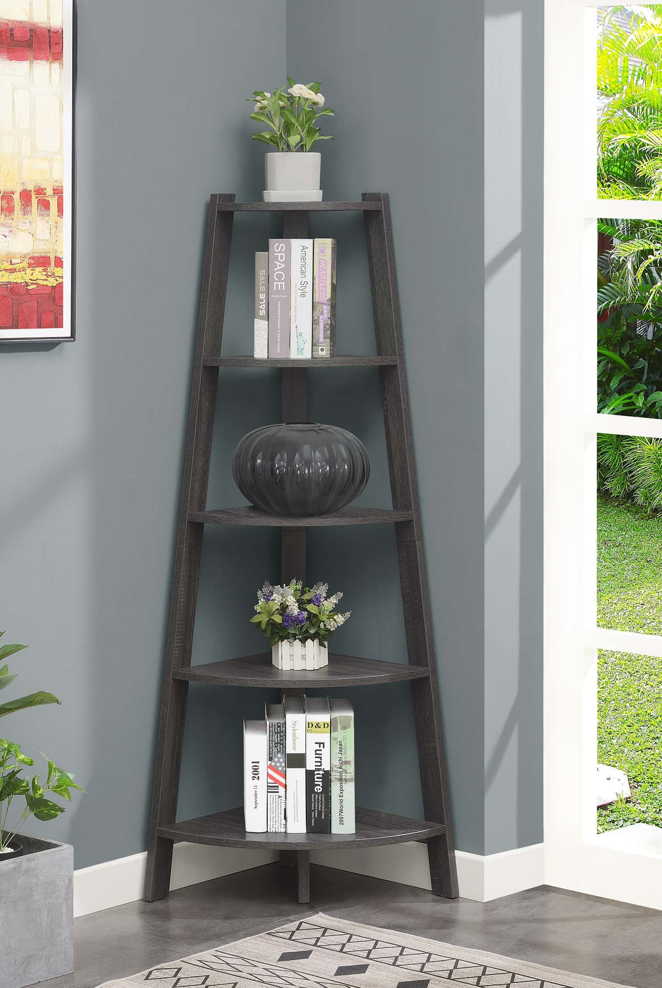 Picture of Convenience Concepts 121096WGY Newport 5 Tier Wide Corner Bookcase&#44; Weathered Gray