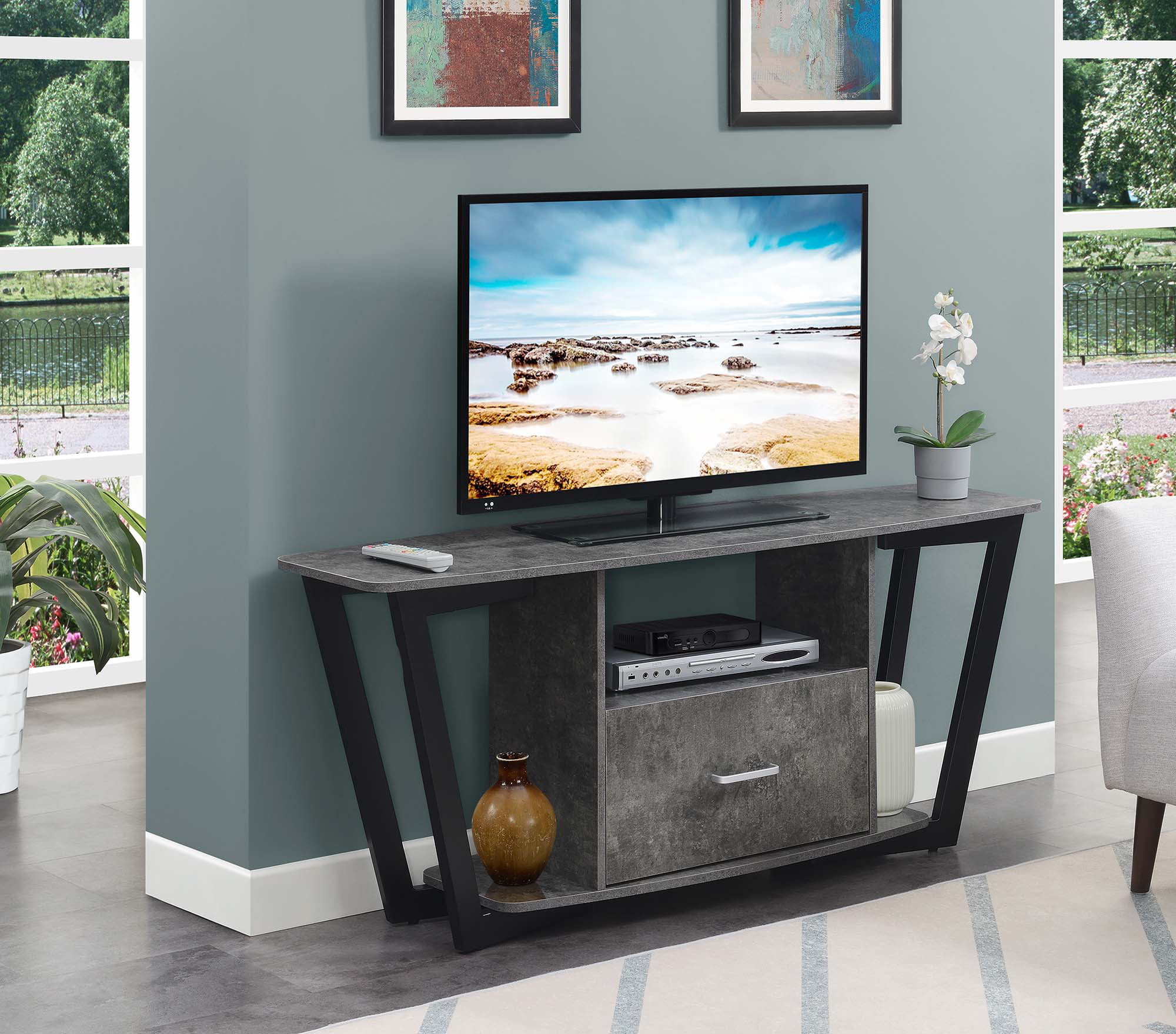 112085CMBL 60 in. Graystone 1 Drawer TV Stand with Shelves, Cement & Black -  Convenience Concepts