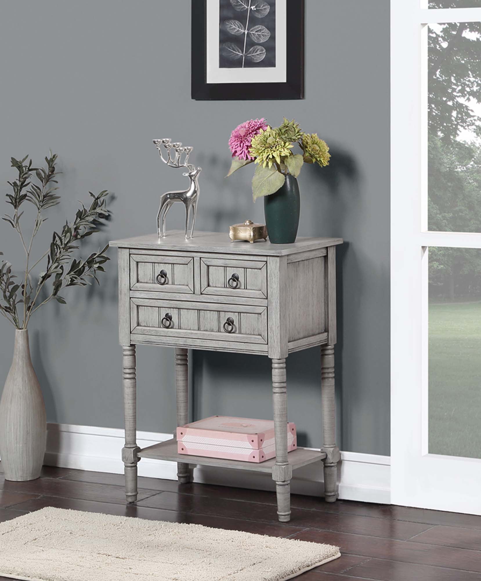 Picture of Convenience Concepts 501166WBWGY Kendra 3 Drawer Hall Table with Shelf, Wirebrush Light Gray