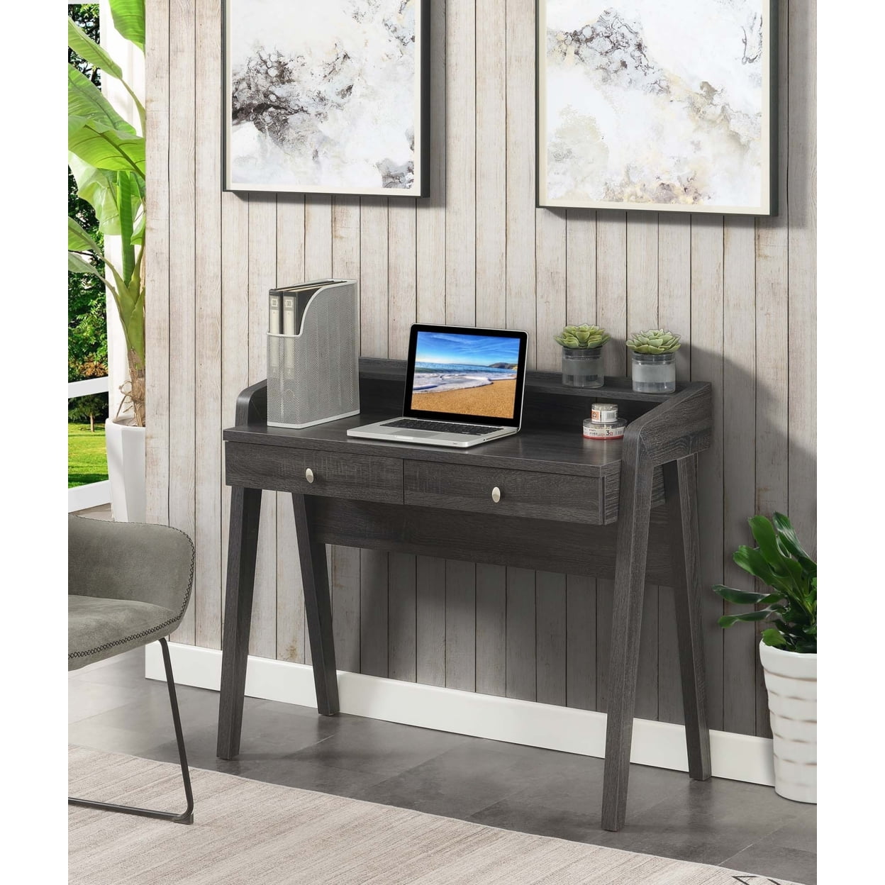 Picture of Convenience Concepts 125812WGY Newport Deluxe 2 Drawer Desk with Shelf&#44; Weathered Gray