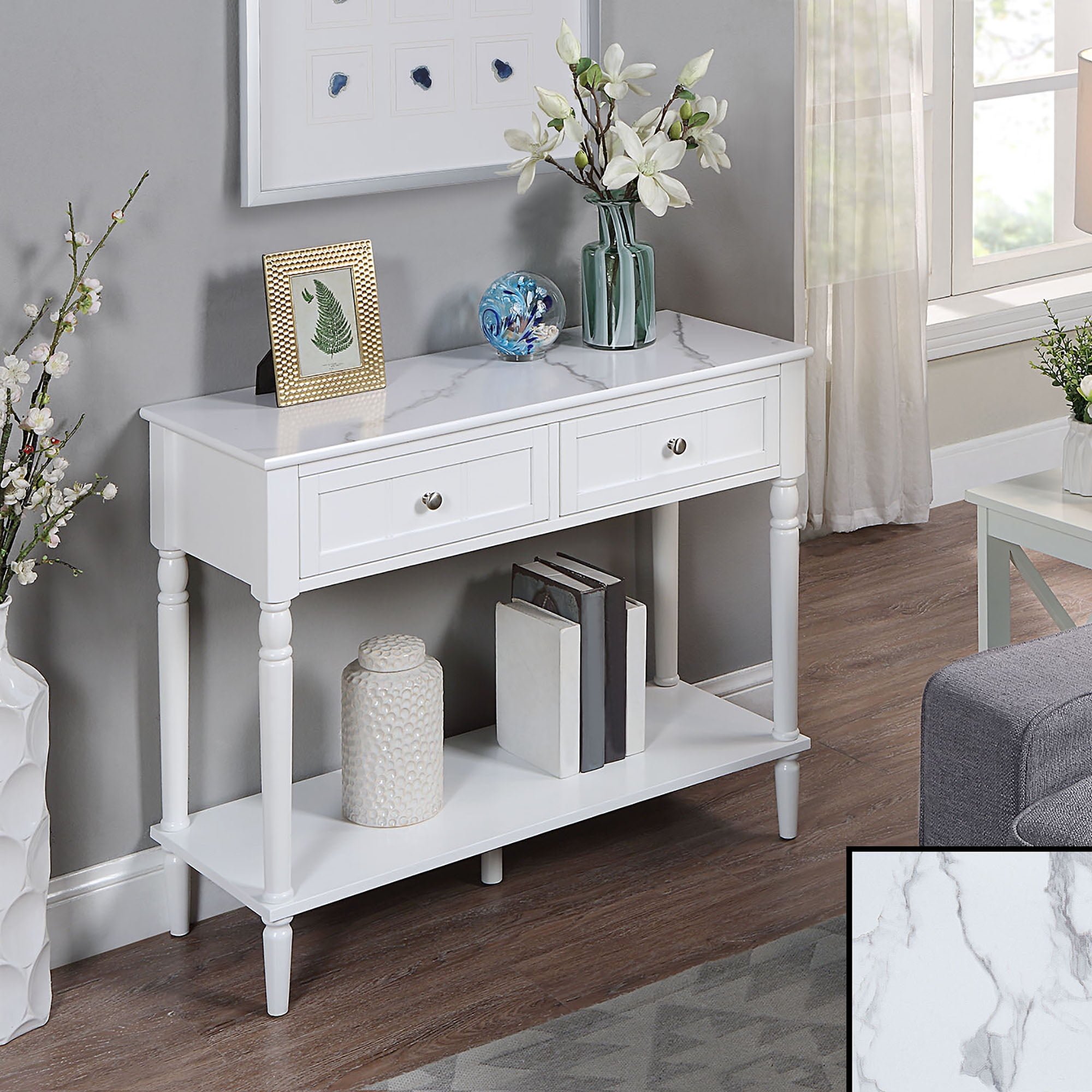 Picture of Convenience Concepts 6050419WMW French Country 2 Drawer Hall Table with Shelf&#44; White Faux Marble & White
