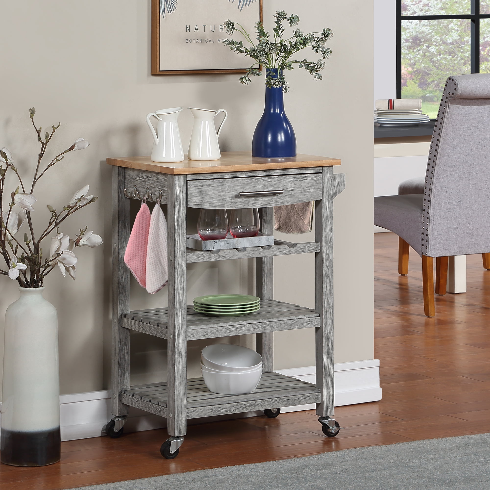 Picture of Convenience Concepts 802233WBWGY 34.5 x 15.75 x 23 in. Ellaine 4 Tier Butcher Block Kitchen Cart with Drawer & Wine Rack&#44; Light Gray