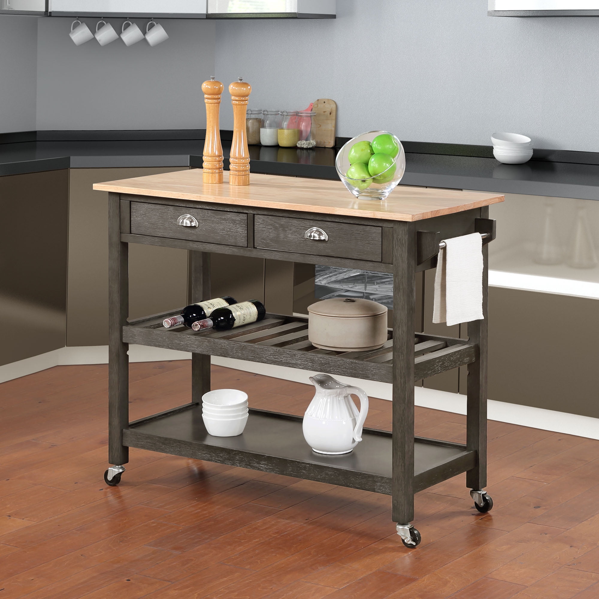 Picture of Convenience Concepts 802215BBWBDGY American Heritage 3 Tier Butcher Block Kitchen Cart with Drawers&#44; Wirebrush Dark Gray
