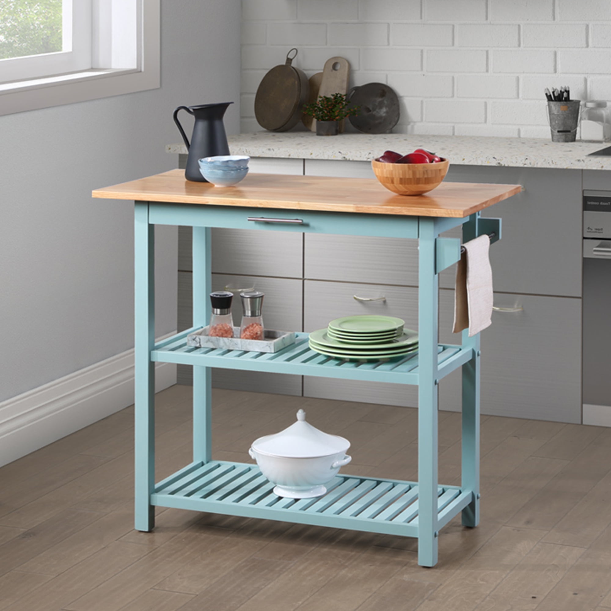Picture of Convenience Concepts 802255BBSF Designs2Go 3 Tier Butcher Block Prep Island Kitchen Cart with Drawer&#44; Sea Foam Blue