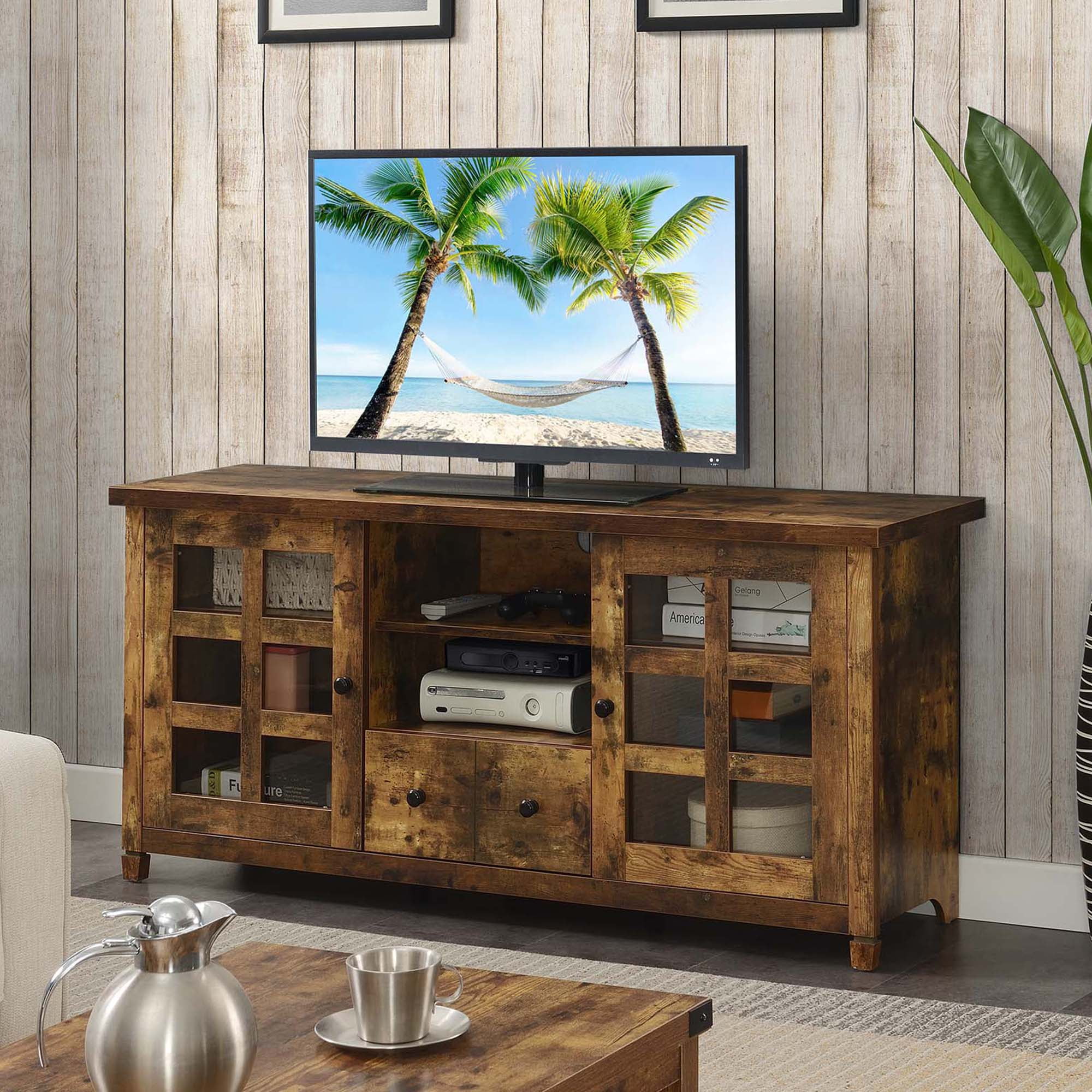 131127BDW 26.75 x 15.25 x 59.25 in. Newport Park Lane 1 Drawer TV Stand with Storage Cabinets & Shelves, Nutmeg Wood -  Convenience Concepts