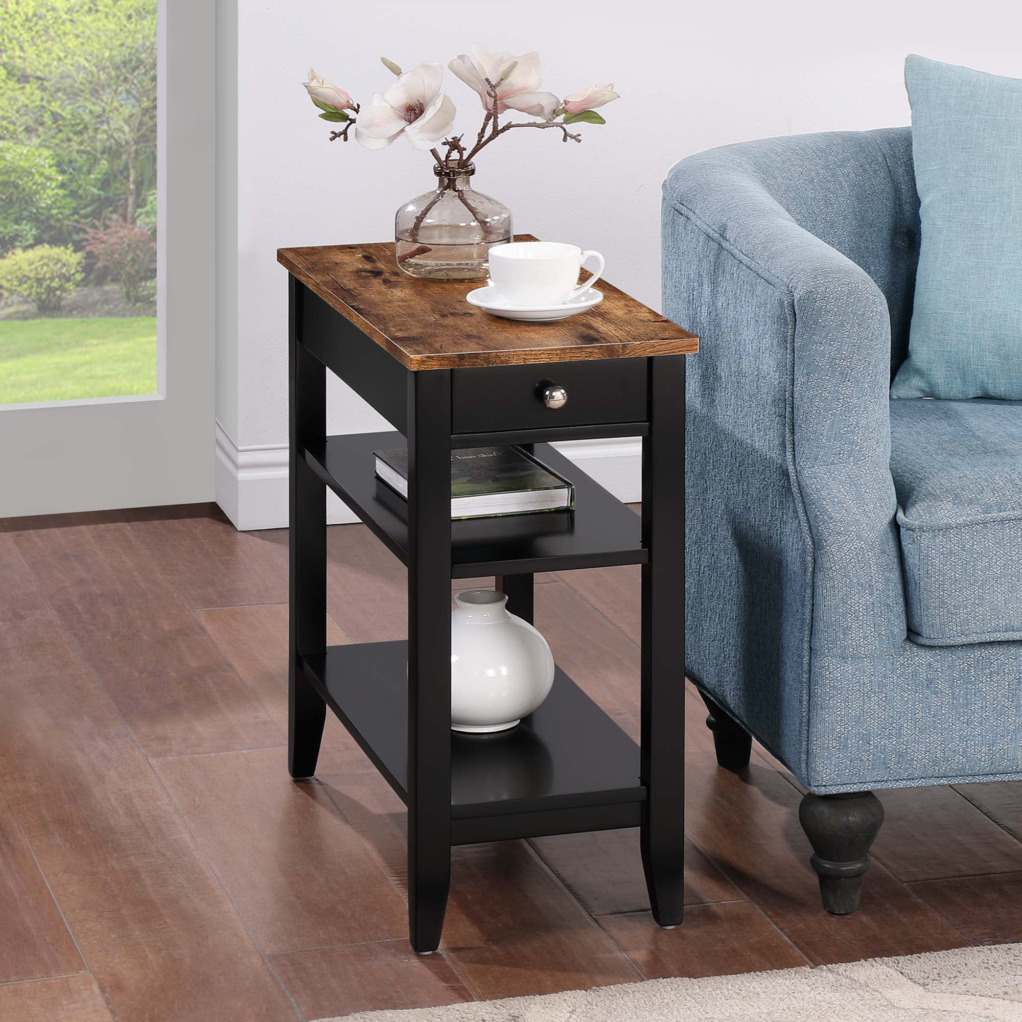 23.50 x 11.25 x 24 in. American Heritage 1 Drawer Chairside End Table with Shelves, Barnwood & Black -  Convenience Concepts, HI2835972
