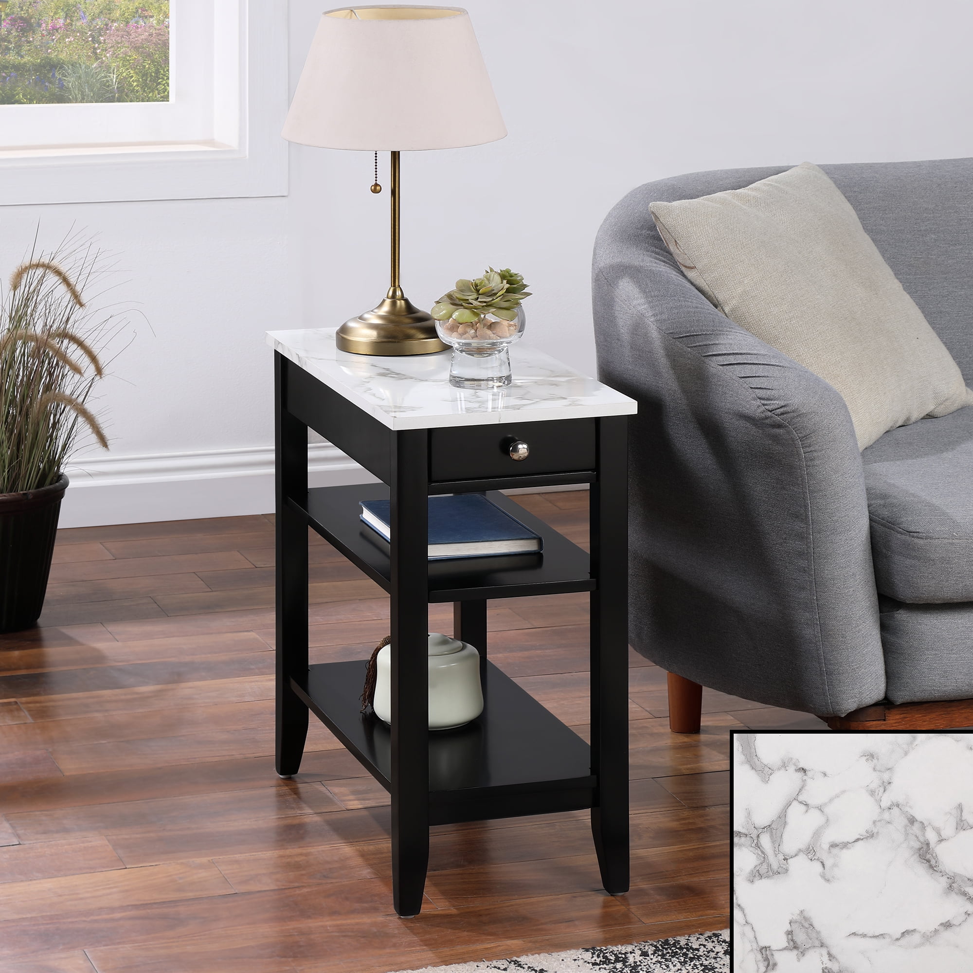 23.50 x 11.25 x 24 in. American Heritage 1 Drawer Chairside End Table with Shelves - Faux Marble & Black -  Convenience Concepts, HI2835973