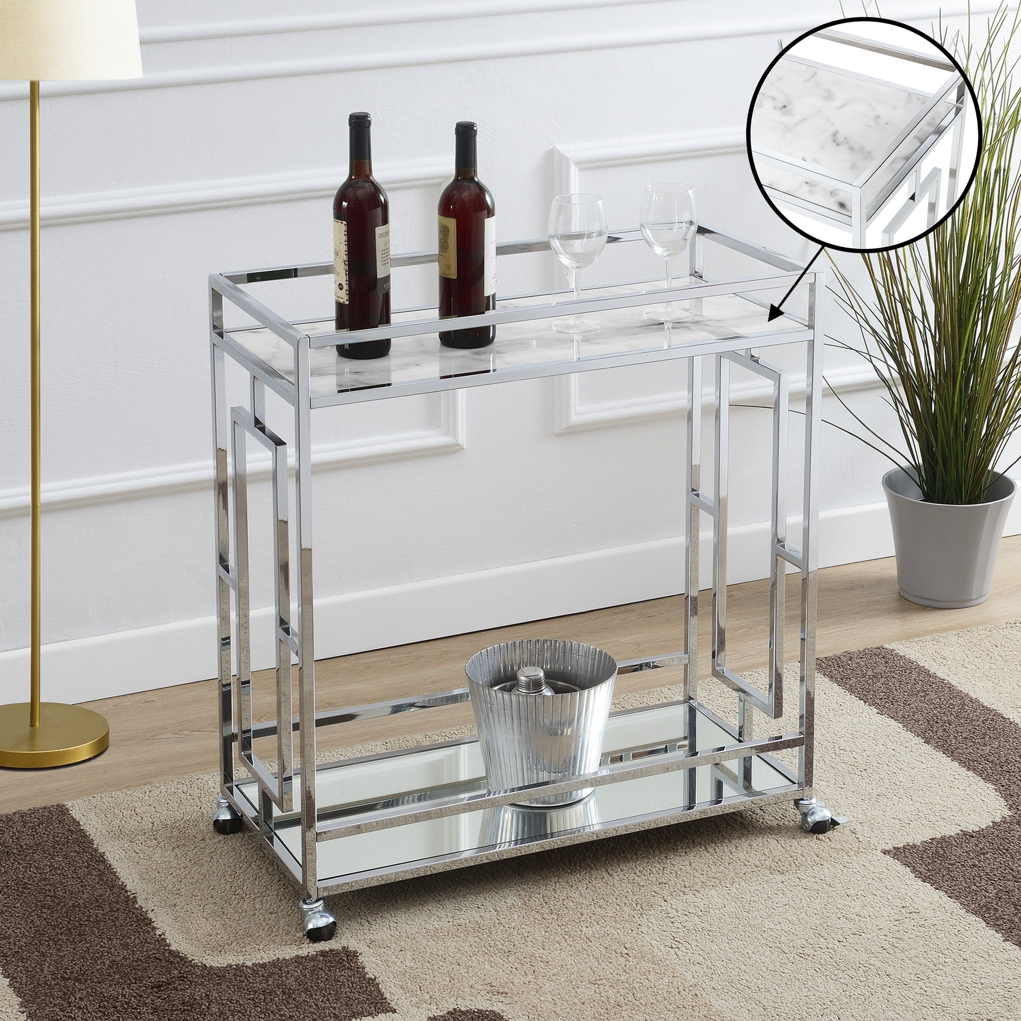 Picture of Convenience Concepts 135059WMMR Town Square Faux Marble Mirrored Bar Cart with Shelf, Chrome