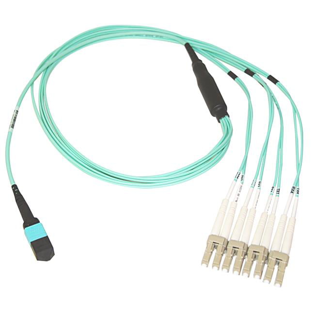 Picture of Cable Wholesale MPLC-41005 5 m OM4 50-125 40 GB Ethernet QSFP 40GBase-SR4 to MTP LC Plenum Fiber Optic Cable with 24 in. Breakout Cable, Aqua
