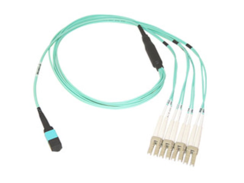 CableWholesale MPLC-41010 10 m Plenum Fiber Optic Cable - 40 Gigabit Ethernet QSFP 40GBase-SR4 to MTP MPO & LC - 4 Duplex LC - 24 in. Breakout Cable