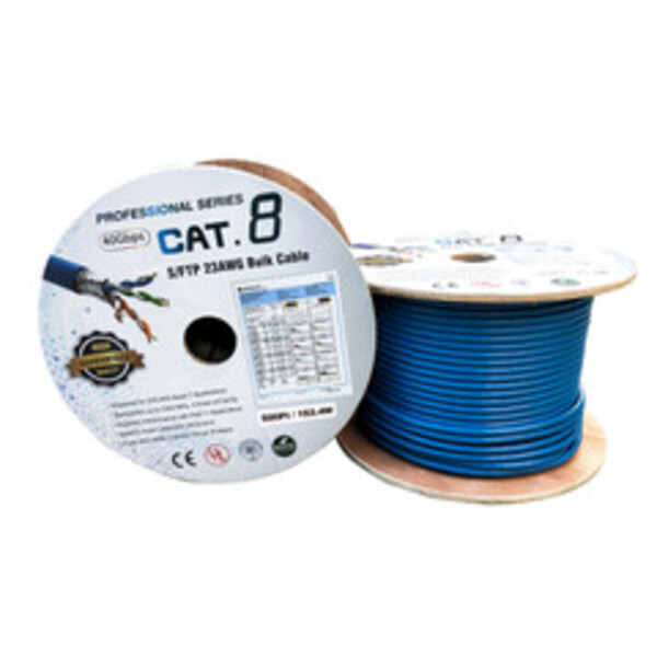 Bulk Cat8 Blue S/FTP Ethernet Cable, Solid, 23AWG, 40Gbps - 2000MHz, 500 Feet, Spool