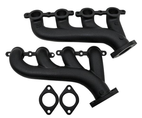 HZ-9988-CER-PBK Cast Iron Exhaust Manifolds 2002-2012 Chevy LS Based - Ceramic & Black