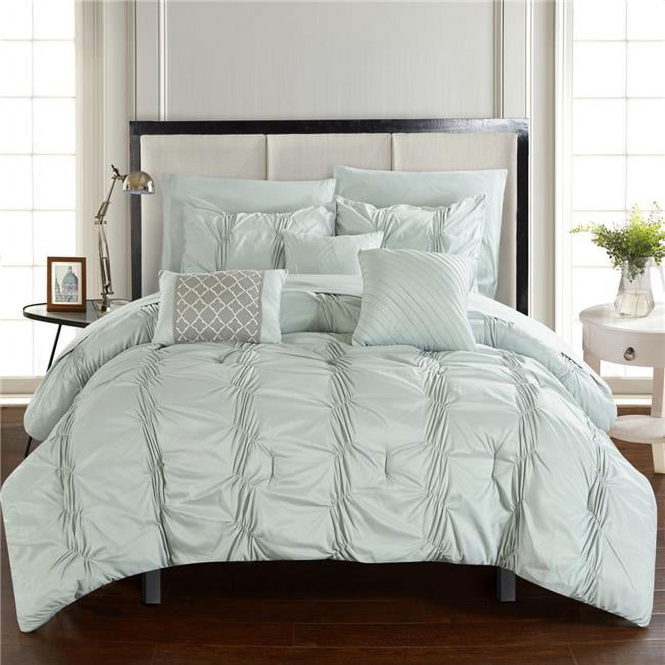 CS2557-US Aryan Pinch Pleated, Ruffled & Pleated Complete Bed in a Bag Comforter Set with Sheets & Decorative Pillows - Green - King - 10 Piece -  Chic Home